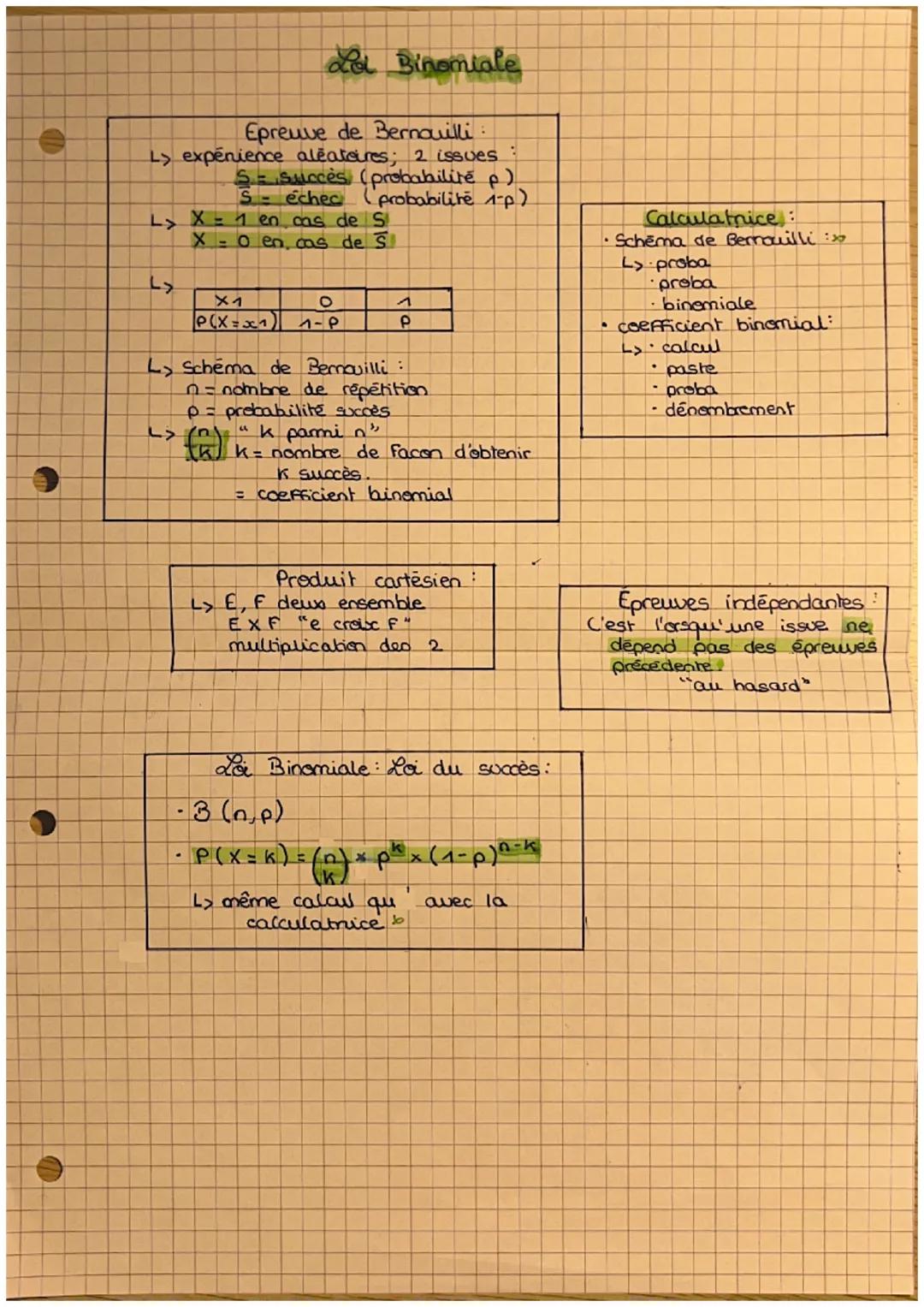 # Loi Binomiale

Epreuve de Bernquilli
> expérience aléatoires; 2 issues:
S=Succes (probabilité p)
Séchec (probabilite 1-p)
L> X = 1 en cas 