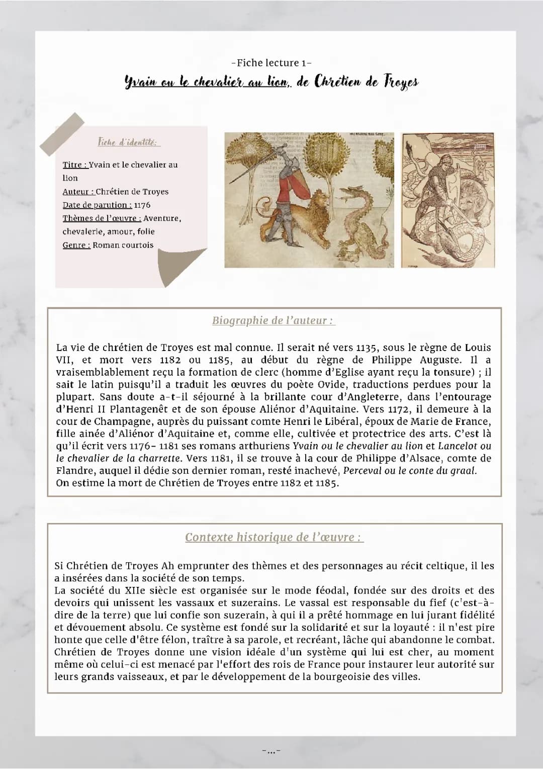 Fiche de lecture Yvain ou le Chevalier au lion 5ème: Résumés PDF et questionnaires corrigés