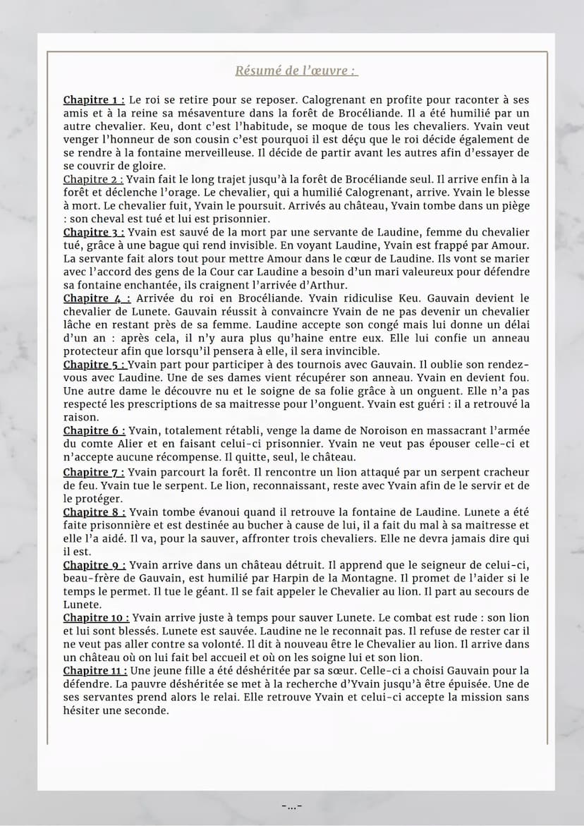 - Fiche lecture 1-
Yvain on le chevalier au lion, de Chretien de Troyes
Fiche d'identité:
Titre : Yvain et le chevalier au
lion
Auteur: Chré