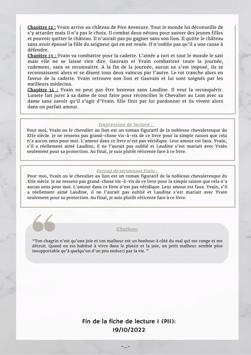 - Fiche lecture 1-
Yvain on le chevalier au lion, de Chretien de Troyes
Fiche d'identité:
Titre : Yvain et le chevalier au
lion
Auteur: Chré