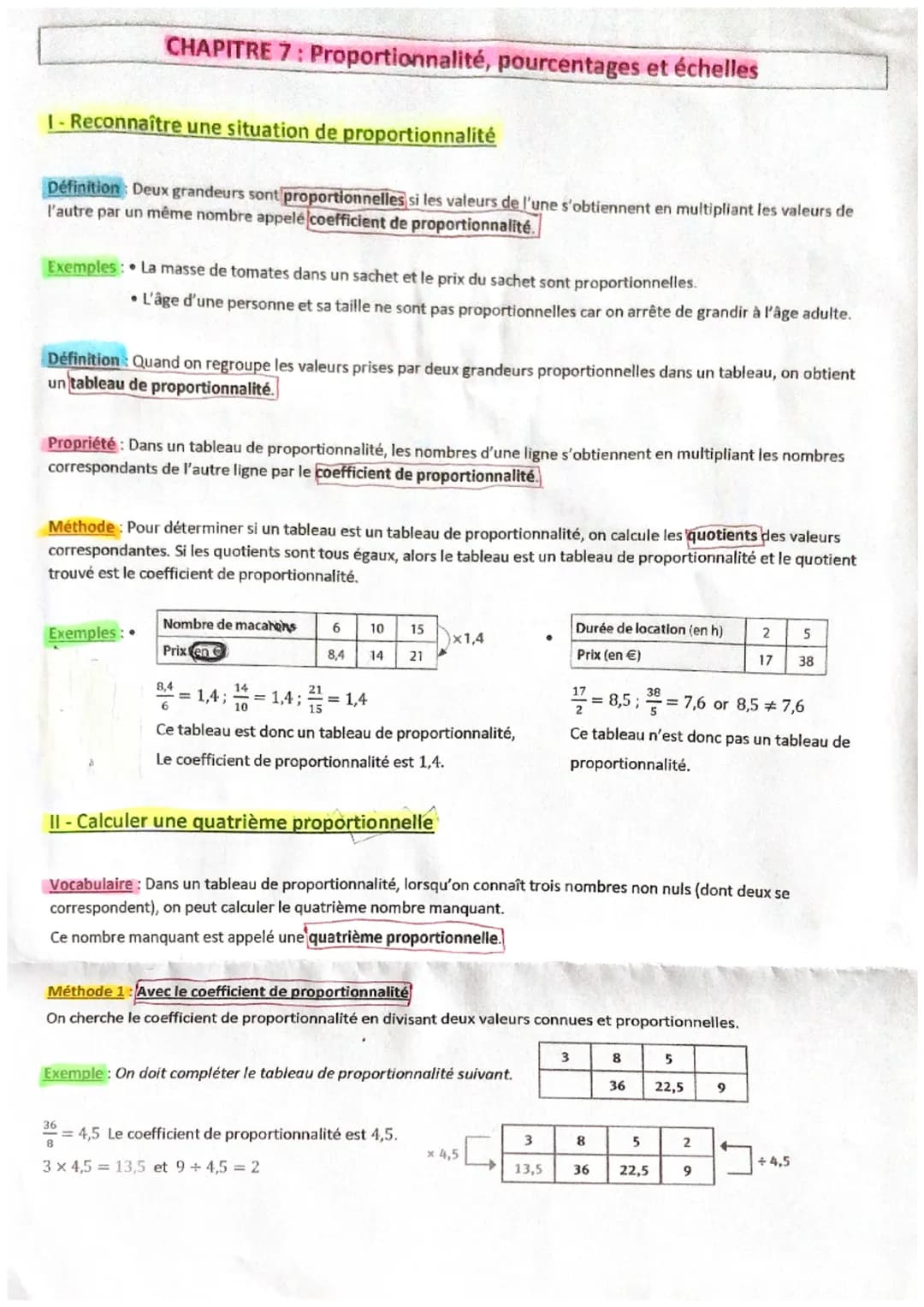 CHAPITRE 7: Proportionnalité, pourcentages et échelles
1- Reconnaître une situation de proportionnalité
Définition: Deux grandeurs sont prop