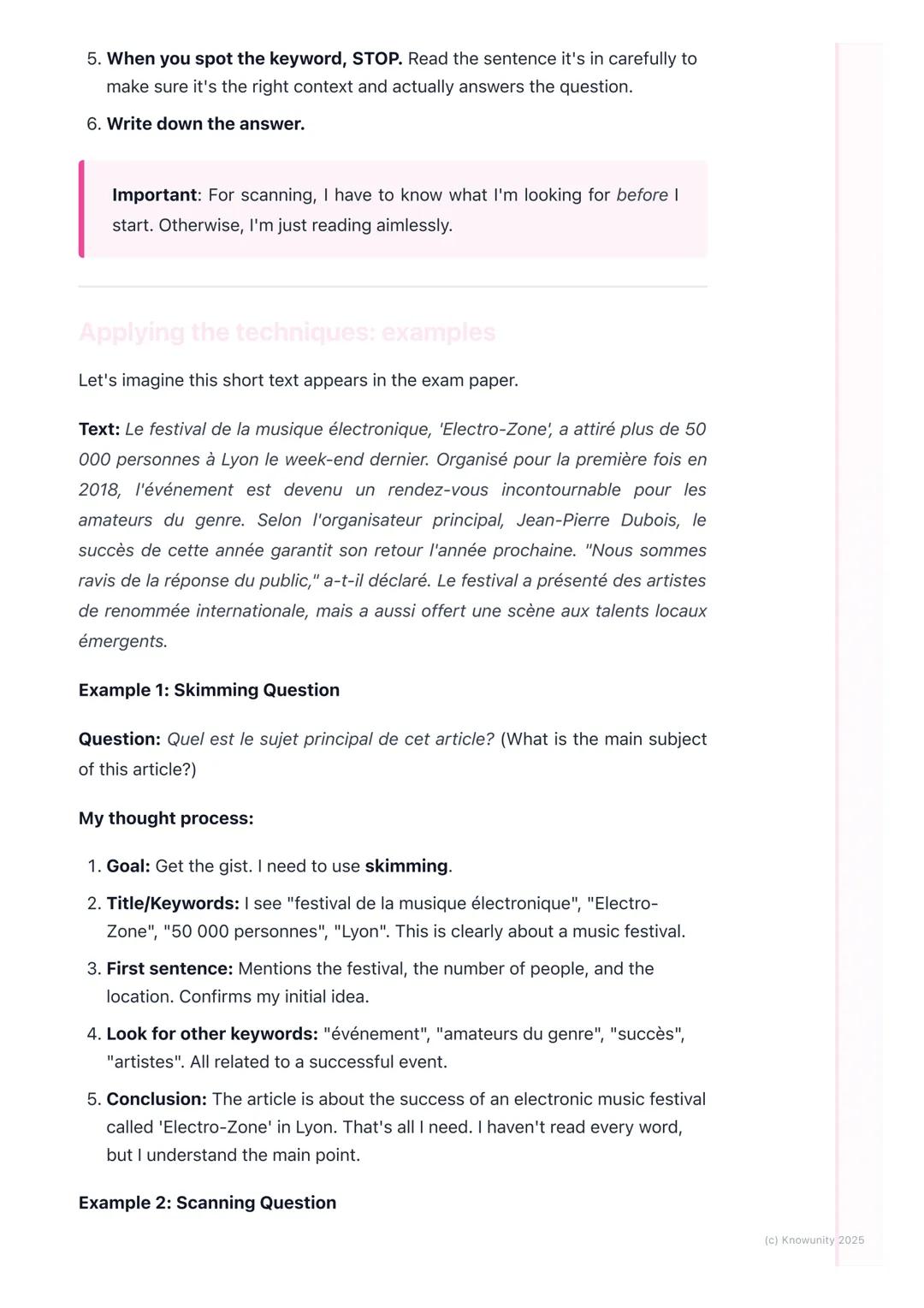 # Skimming and Scanning

Reading strategies: skimming and scanning

These are essential for the French reading comprehensions (Compréhension