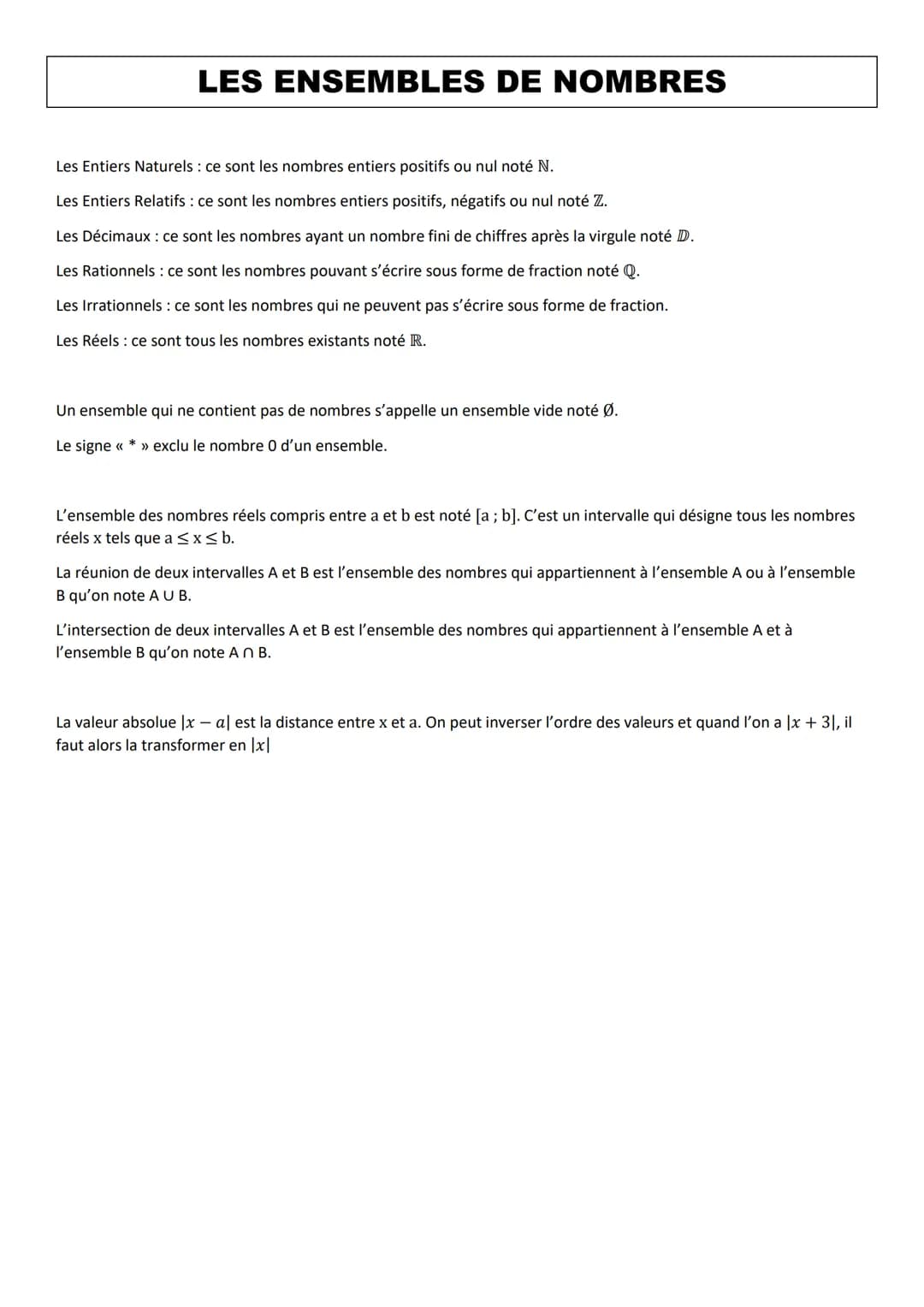 LES ENSEMBLES DE NOMBRES
Les Entiers Naturels : ce sont les nombres entiers positifs ou nul noté N.
Les Entiers Relatifs : ce sont les nombr