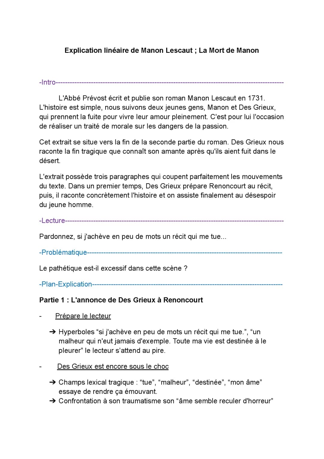 Explication linéaire de Manon Lescaut ; La Mort de Manon | Bac de Français