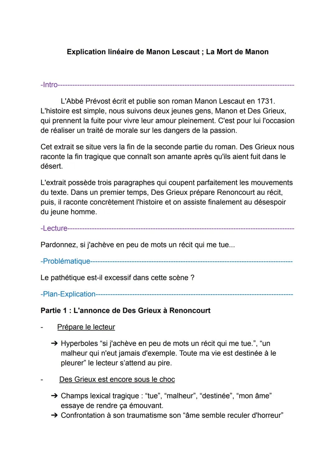 Explication linéaire de Manon Lescaut ; La Mort de Manon
-Intro-
L'Abbé Prévost écrit et publie son roman Manon Lescaut en 1731.
L'histoire 