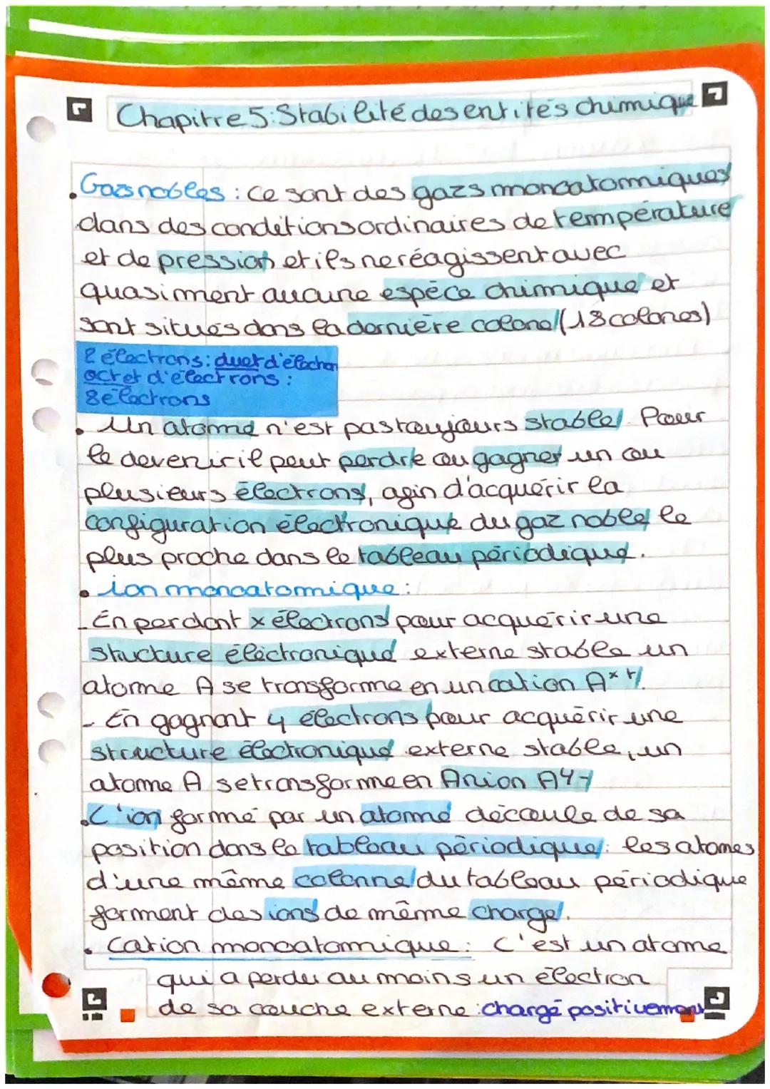 - Chapitre 5: Stabilité des entites chimique

- Gasnobles: Ce sont des gazs moncatomiques
dans des conditions ordinaires de température
et d