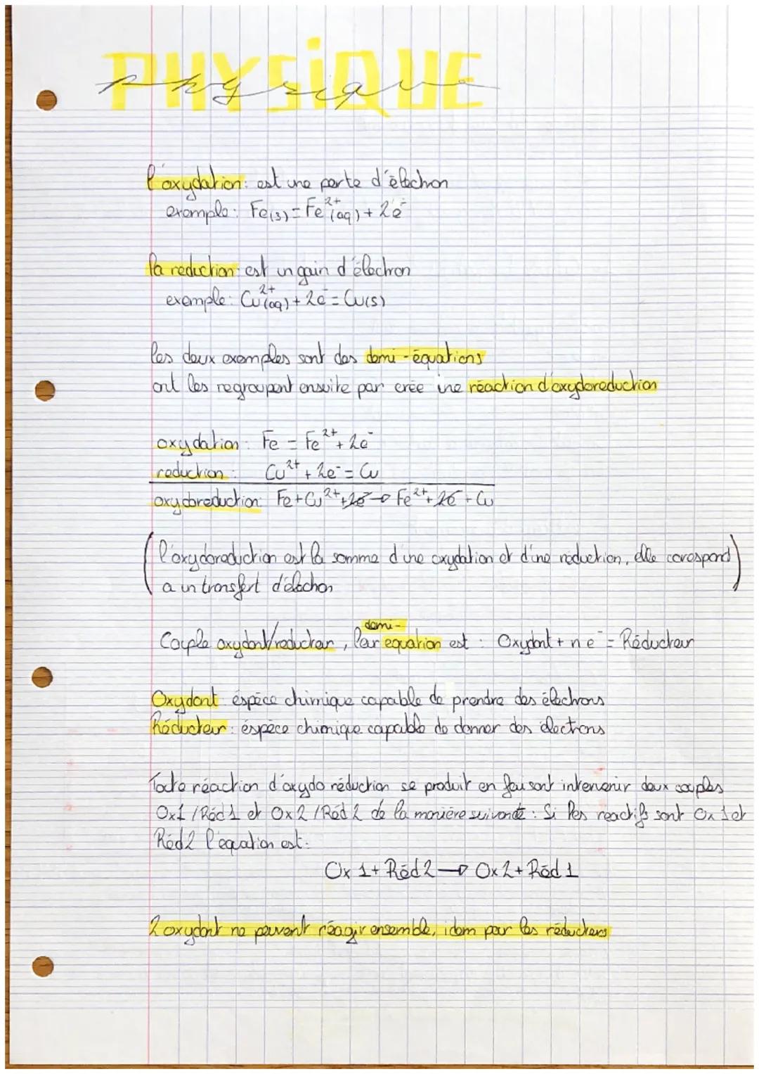 # Physique

l'oxydation: est une perte d'élechon
example: $Fe_{(s)} = Fe^{2+}_{(aq)} + 2e^-$

la reduction est un gain d'électron
example: $