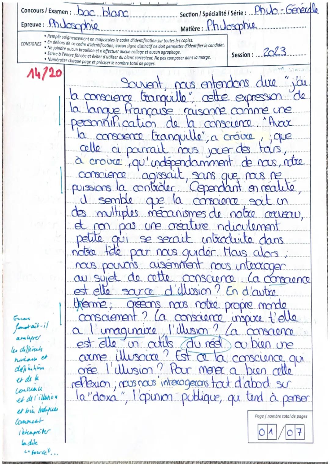 Concours/Examen: bac blanc
Section/Spécialité / Série: Philo-Générale
Epreuve: Philosophie
Matière: Philosophie

• Remplir solgneusement en 