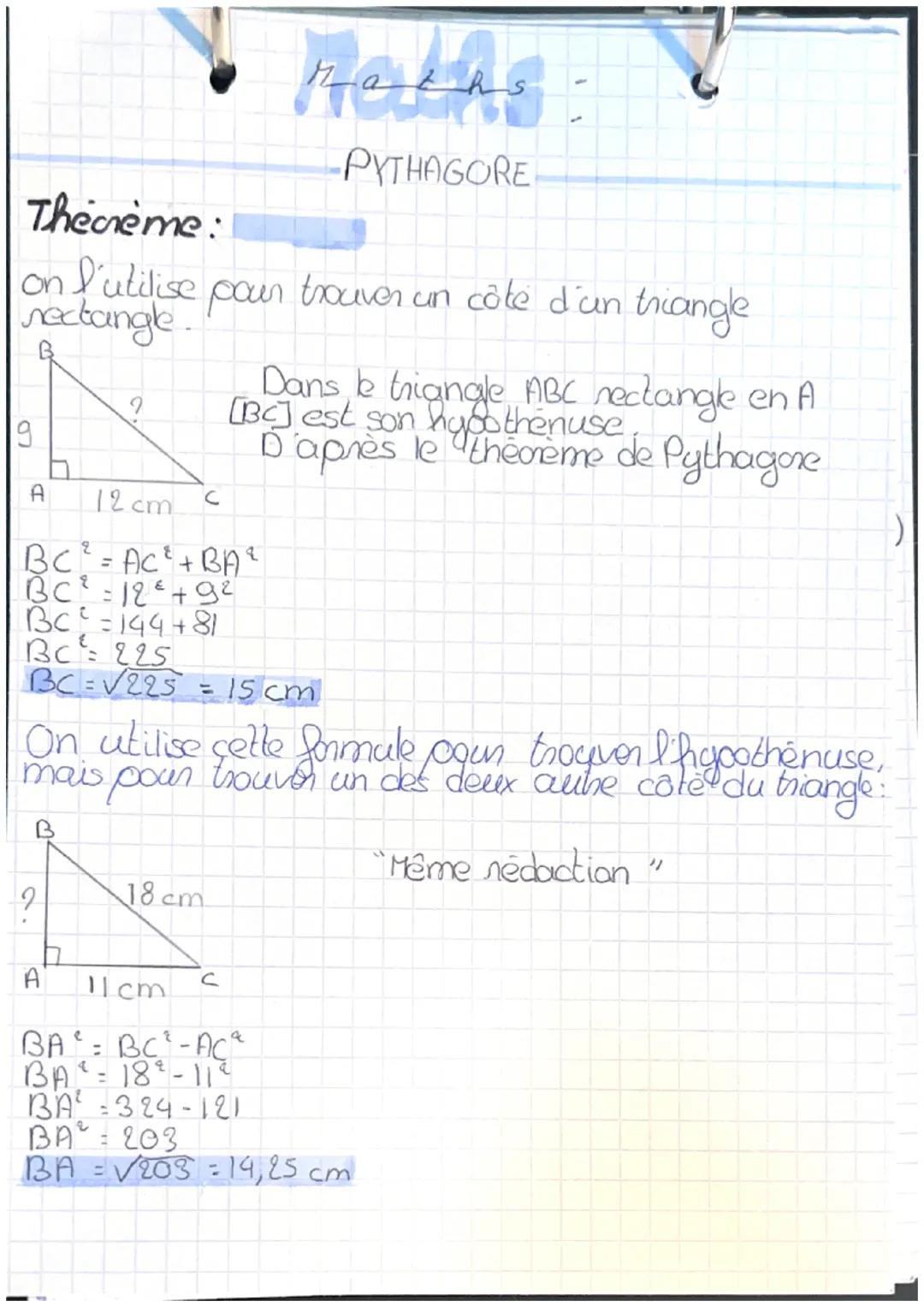 Thecrème:
on l'utilise
nectangle
CO
A
12 cm
BC² = AC² + BA²
BC² =12² +9²
BC²=144+81
Bc²= 225
BC= √225 = 15cm
pour trouver un côté d'un trian