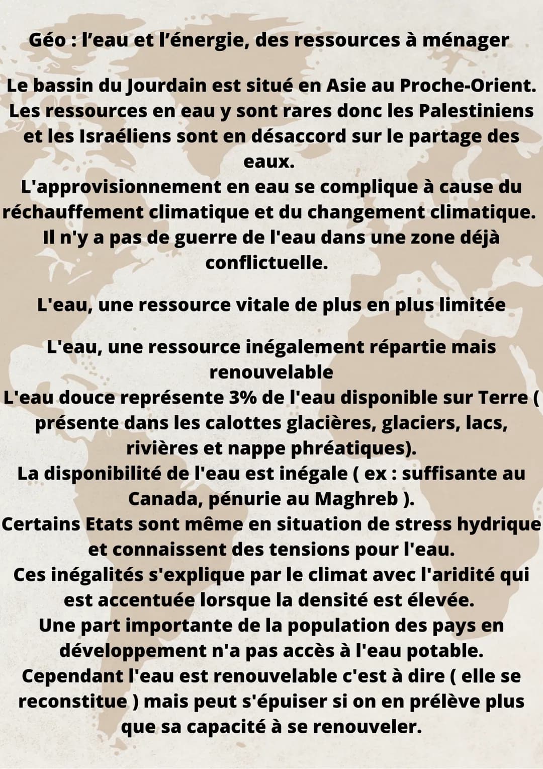 Géo : l'eau et l'énergie, des ressources à ménager
Le bassin du Jourdain est situé en Asie au Proche-Orient.
Les ressources en eau y sont ra
