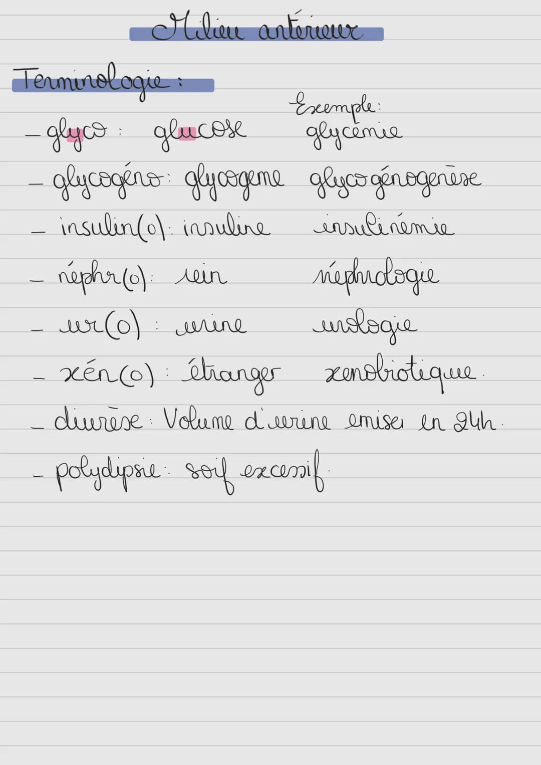 Milieu antérieur
Terminologie:
-glyco: glucose
- glycogéno: glycogeme
- insulin(o): insuline
Exemple:
glycémie
glycogénogenèse
insulinémie
-