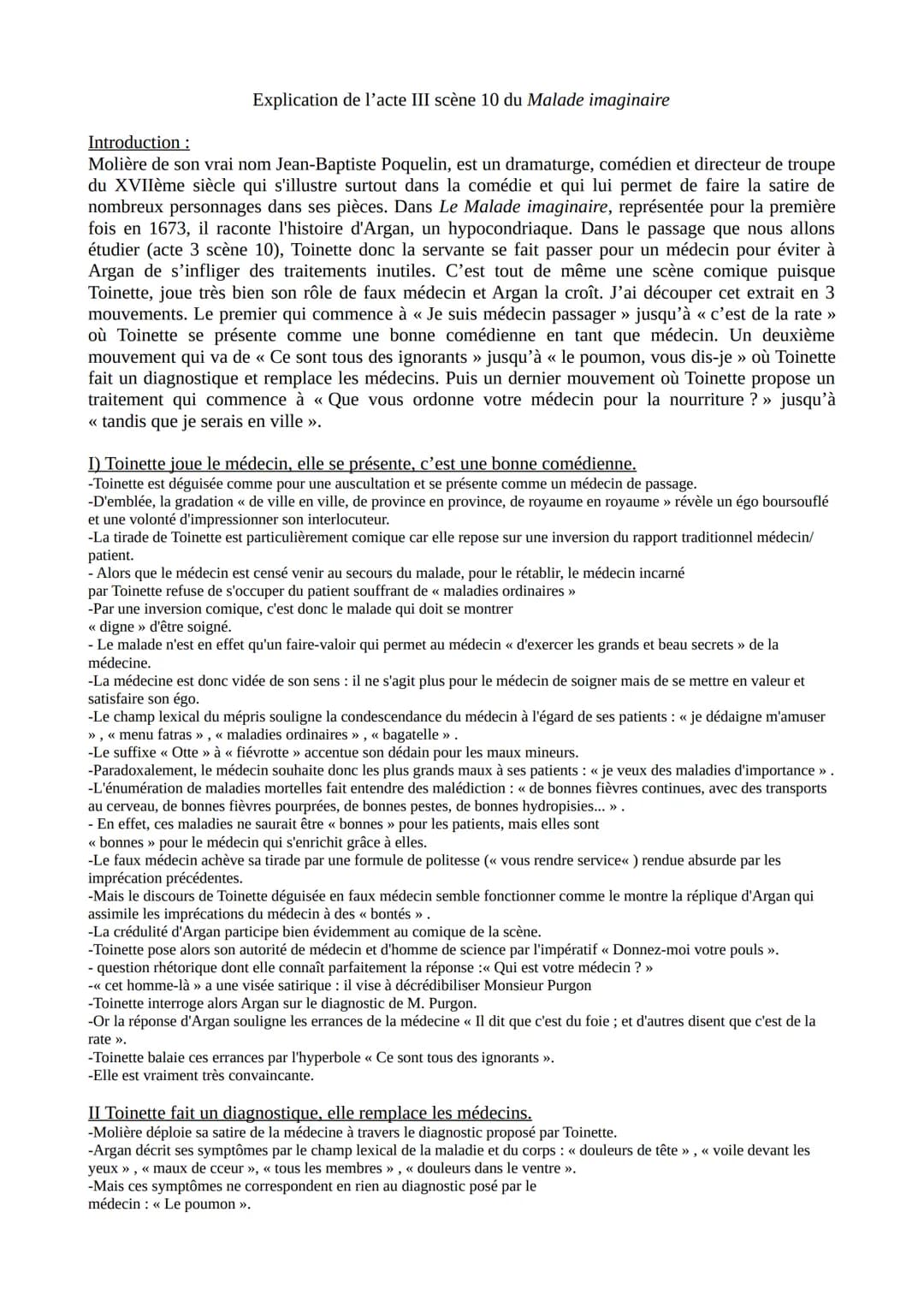 Explication de l'acte III scène 10 du Malade imaginaire
Introduction :
Molière de son vrai nom Jean-Baptiste Poquelin, est un dramaturge, co