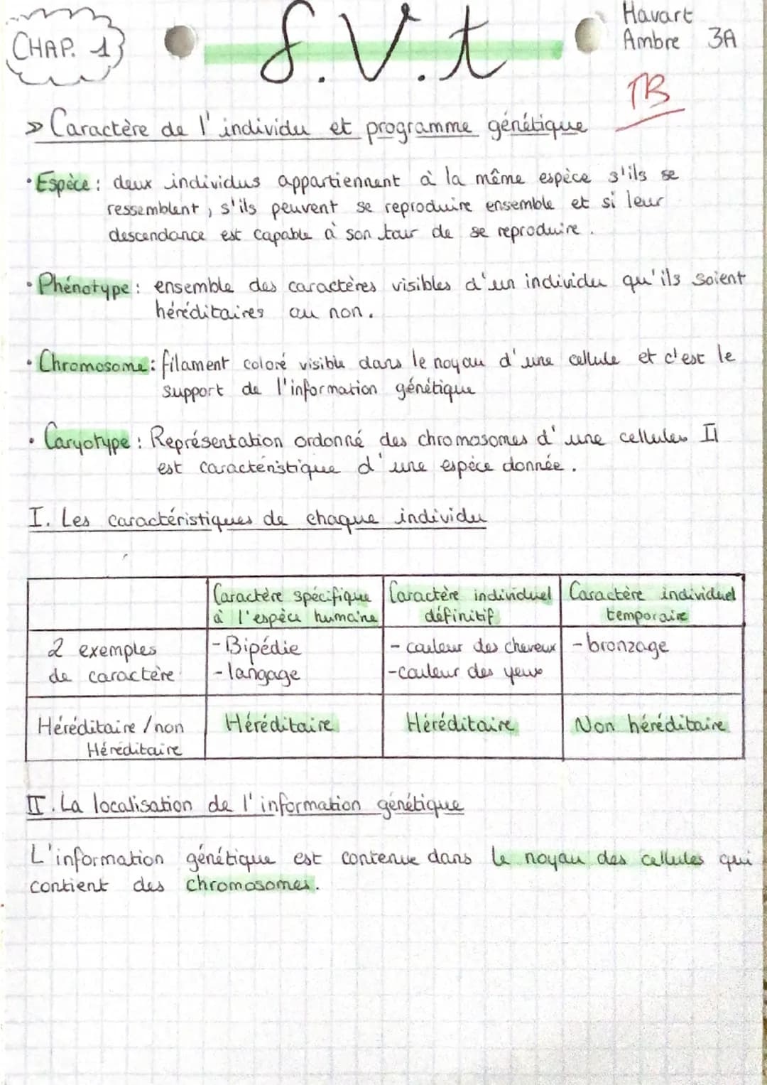 CHAP. 1
S.V. t
> Caractère de l'individu et programme génétique
•Espèce: deux individus appartiennent à la même espèce s'ils se
ressemblent,