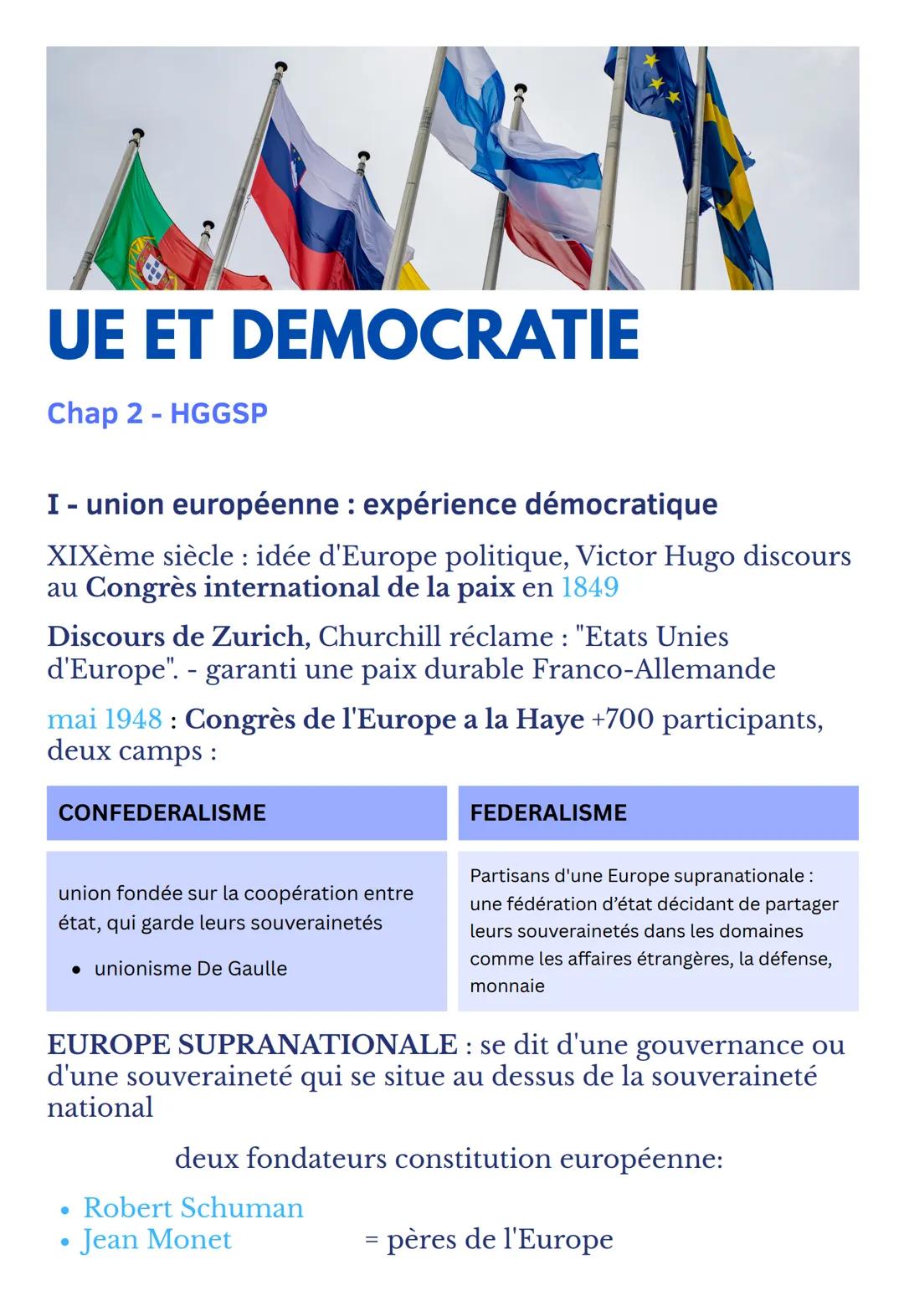 UE ET DEMOCRATIE
Chap 2-HGGSP
I - union européenne : expérience démocratique
XIXème siècle : idée d'Europe politique, Victor Hugo discours
a