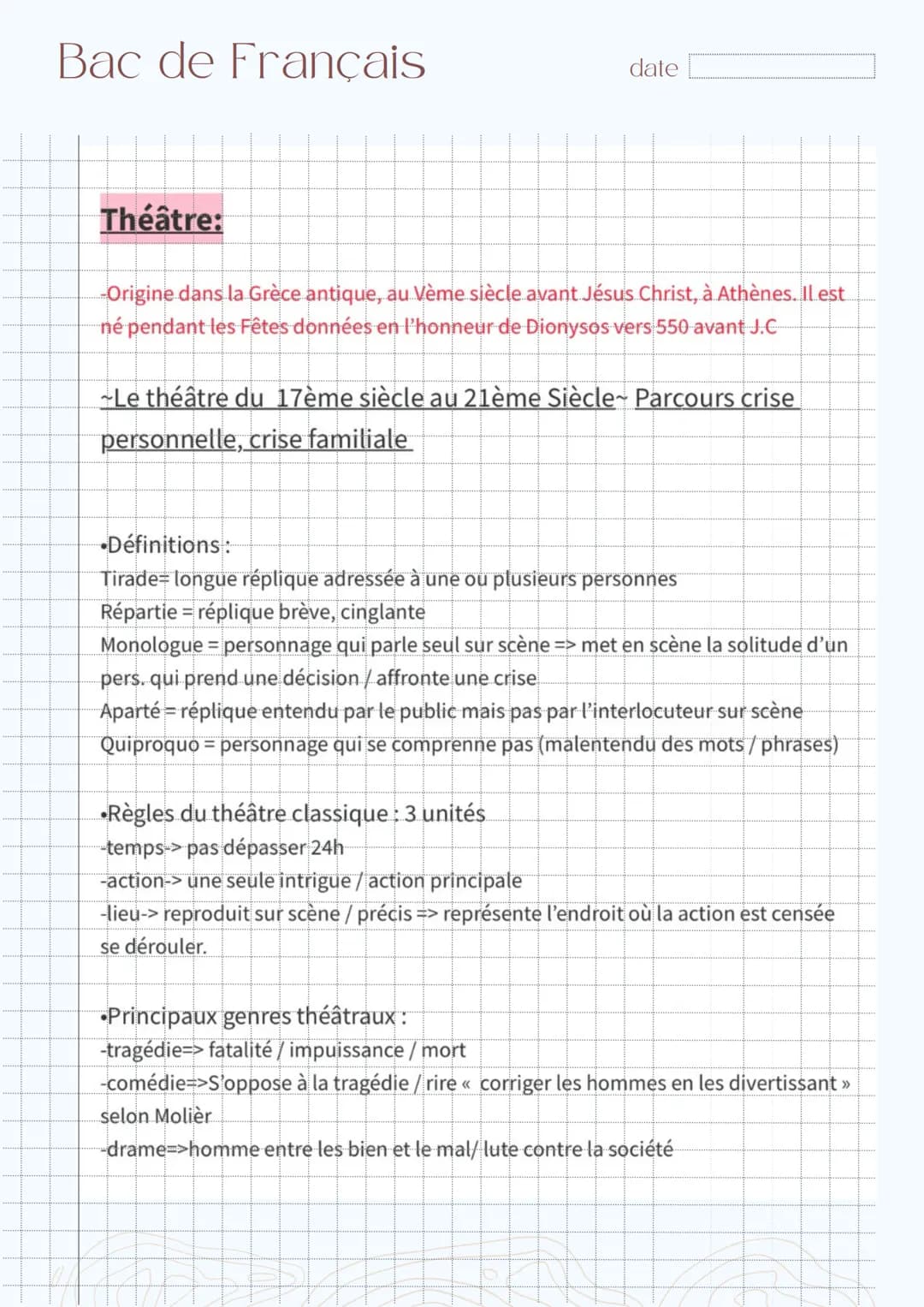 Bac de Français
Théâtre:
date
Origine dans la Grèce antique, au vème siècle avant Jésus Christ, à Athènes. Il est
ne pendant les Fêtes donné