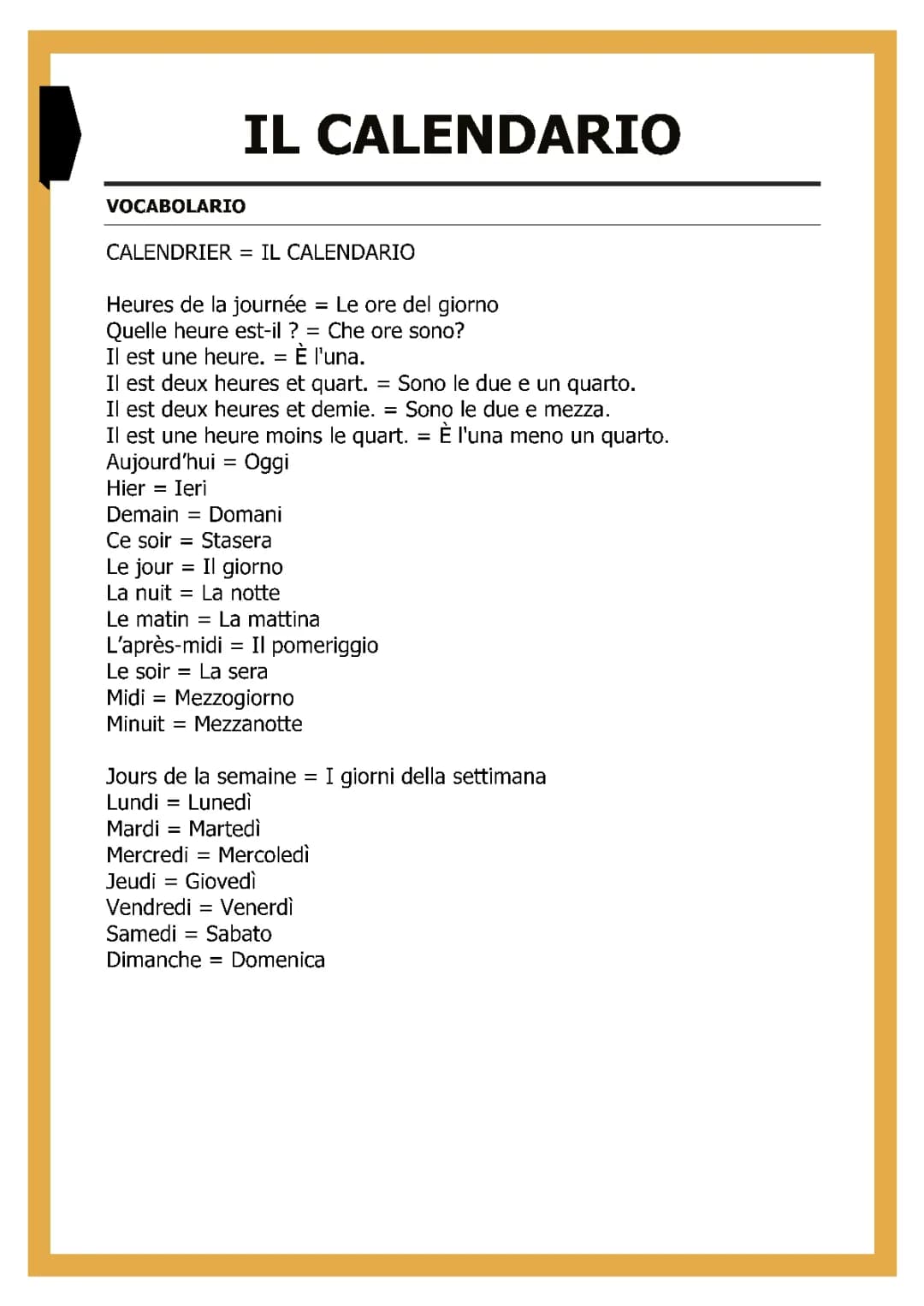 Vocabulaire du calendrier