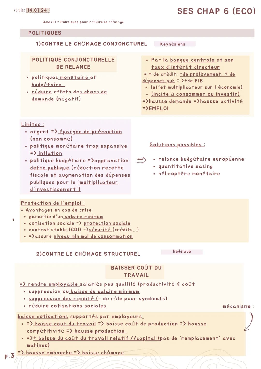 date 12.01.24
P.1
CHÔMAGE
taux :
-microéconomique : actifs sans emploi à la recherche d'un emploi. pop active innocupée
-macroéconomique : p