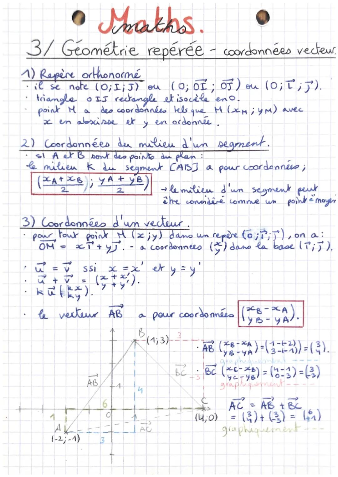 # Maths.

3/ Géométrie repérée - coordonnées vecteur.

1) Repère orthonormé

• il se note (O; I; J) on (O; $\overrightarrow{OI}$; $\overrigh