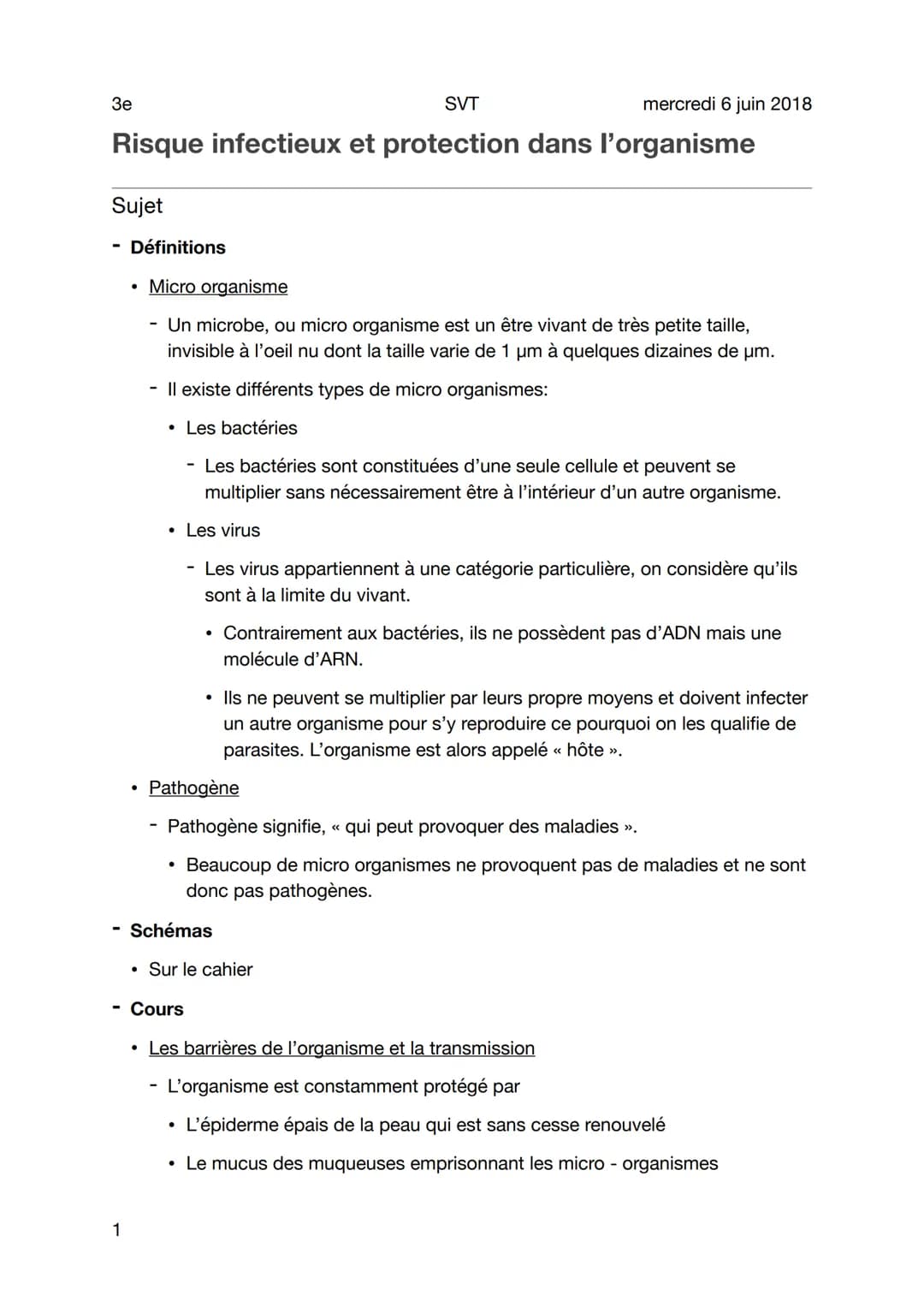 SVT
mercredi 6 juin 2018
Risque infectieux et protection dans l'organisme
3e
Sujet
1
Définitions
• Micro organisme
- Un microbe, ou micro or