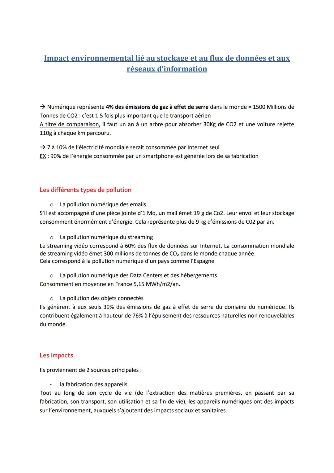 Impact environnemental lié au stockage et au flux de données et aux
réseaux d'information
→ Numérique représente 4% des émissions de gaz à e
