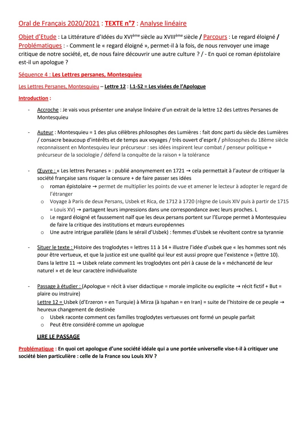Oral de Français 2020/2021: TEXTE n°7: Analyse linéaire
Objet d'Etude: La Littérature d'Idées du XVIème siècle au XVIIIème siècle / Parcours