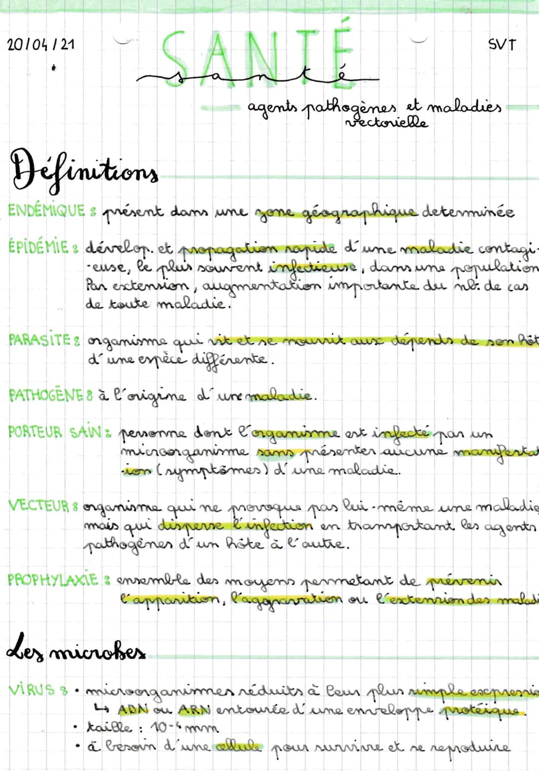 20/04/21
SANTÉ
Définitions
ENDÉMIQUE s présent dans une zone géographique determinée
ÉPIDÉMIE: dévelop. et propagation rapide d'une maladie 