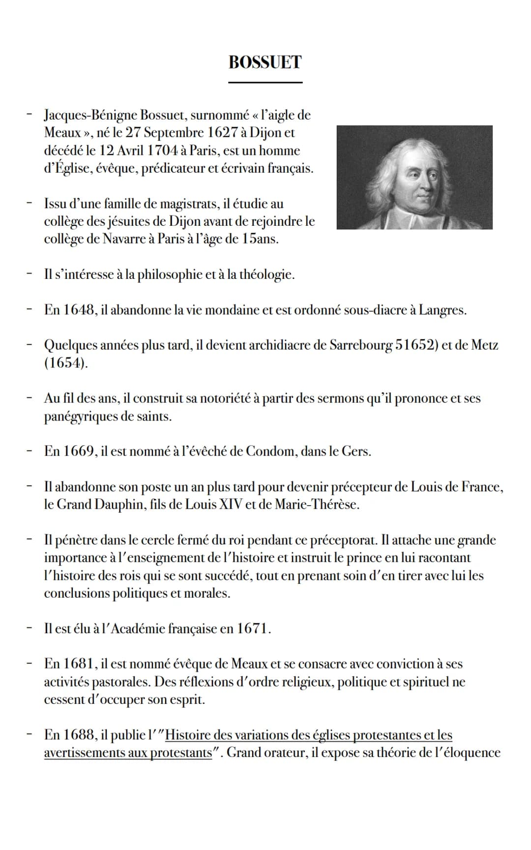 BOSSUET
Jacques-Bénigne Bossuet, surnommé « l'aigle de
Meaux », né le 27 Septembre 1627 à Dijon et
décédé le 12 Avril 1704 à Paris, est un h