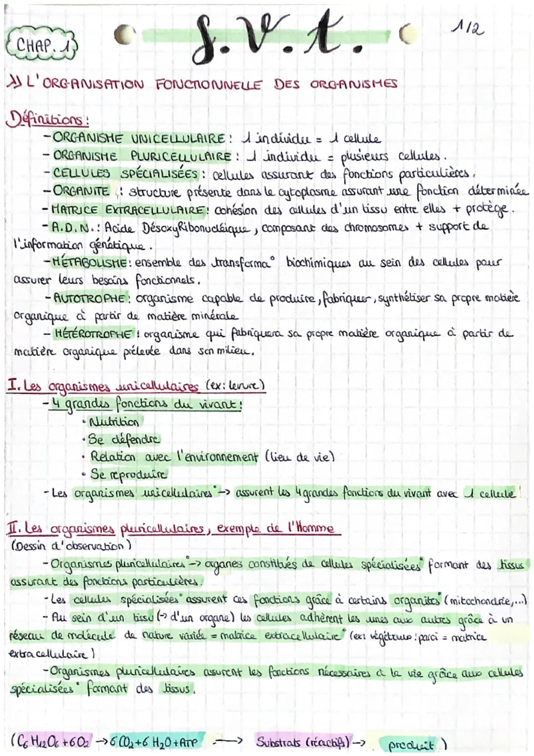 S.V.t.c
L'ORGANISATION FONCTIONNELLE DES ORGANISMES
CHAP.
Définitions!
-ORGANISHE UNICELLULAIRE! I individu
I cellule
•ORGANISHE PLURICELLUL