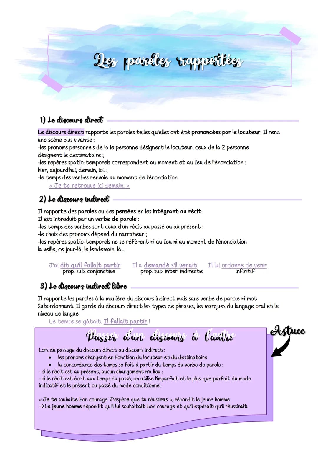 Les paviles rappratlles
1) Le discours direct
Le discours direct rapporte les paroles telles qu'elles ont été prononcées par le locuteur. Il