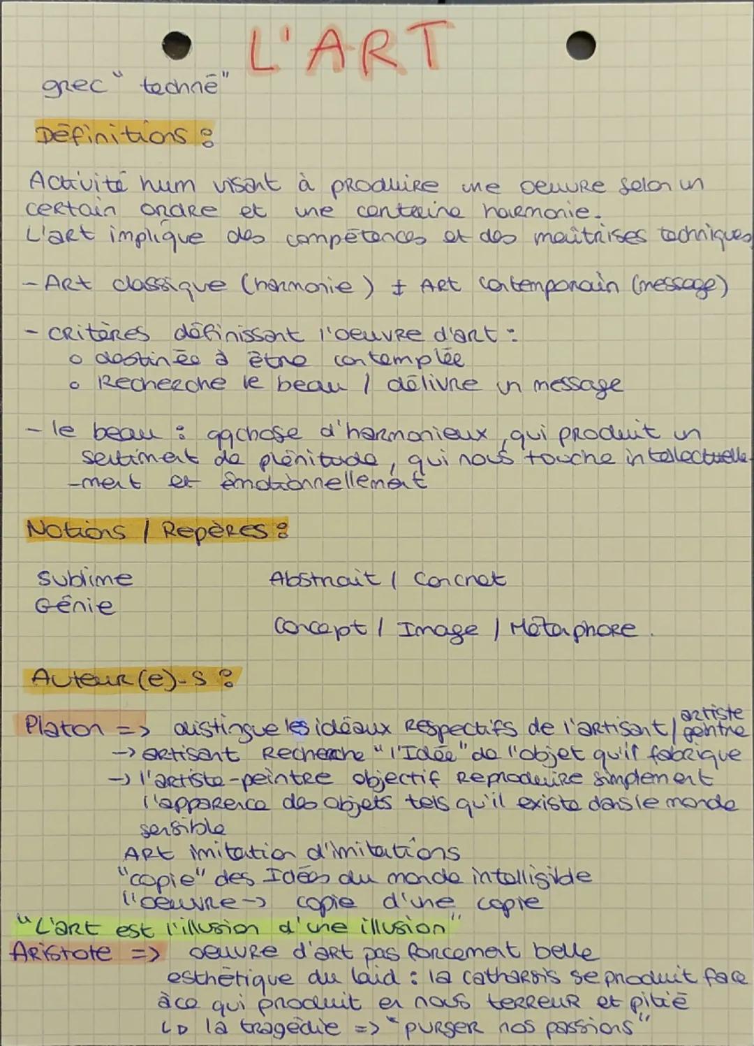 grec techné"

Definitions

L'ART

Activité hum visant à produire une Demure selon un
certain andre et une centaine harmonie.
L'art implique 