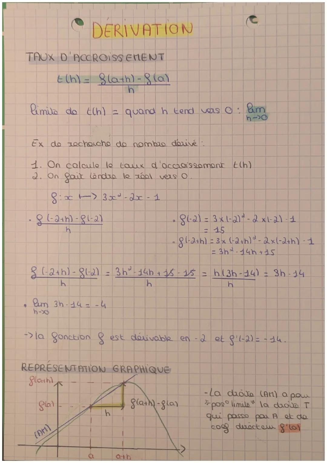 # DERIVATION

TAUX D'ACCROISSEMENT

$t(h) = \frac{8(a+h)-8(a)}{h}$

limite do $t(h)$ = quand h tend vas o: $lim_{h->0}$

Ex de recherche de 