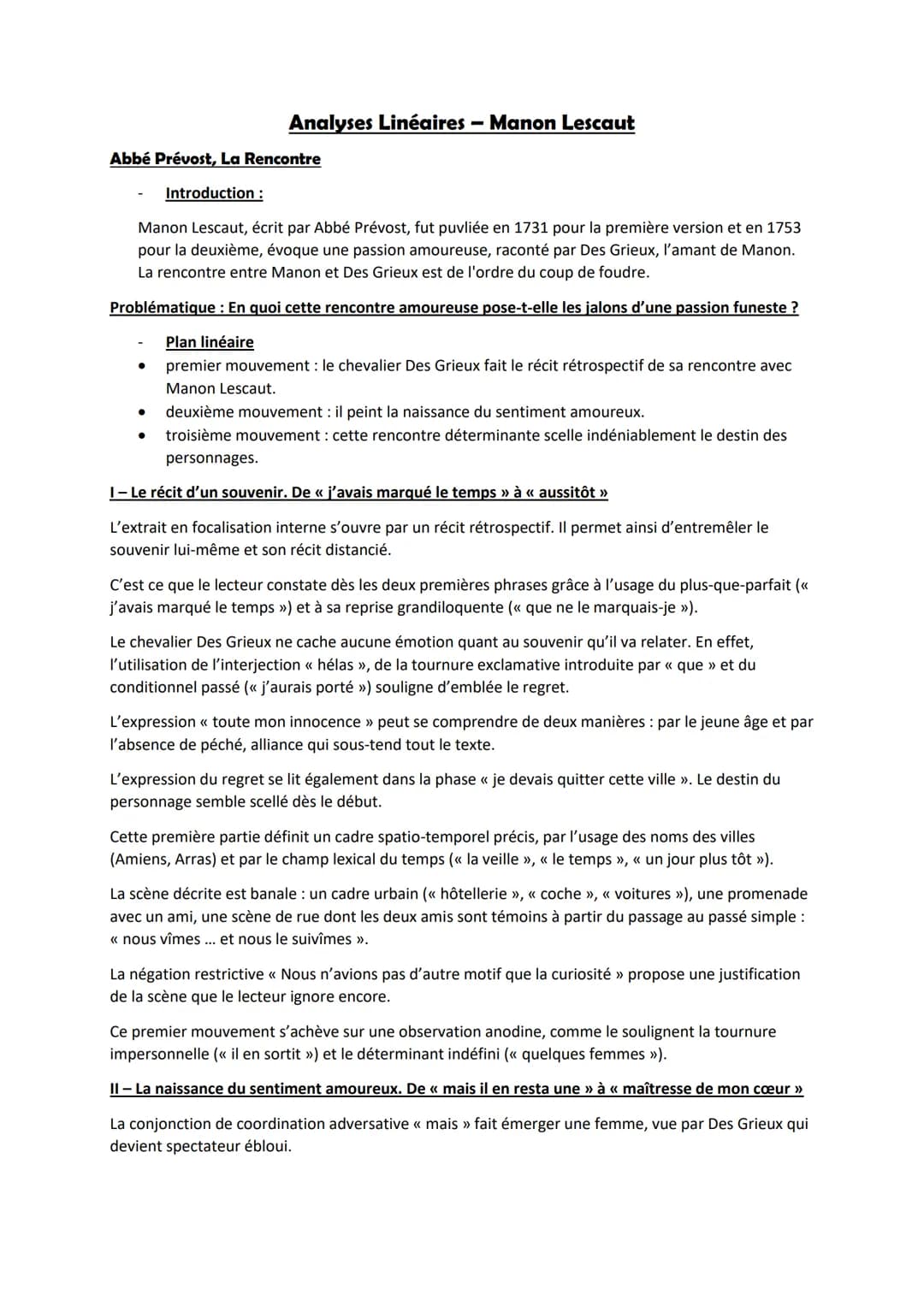 Abbé Prévost, La Rencontre
Analyses Linéaires - Manon Lescaut
Introduction :
Manon Lescaut, écrit par Abbé Prévost, fut puvliée en 1731 pour