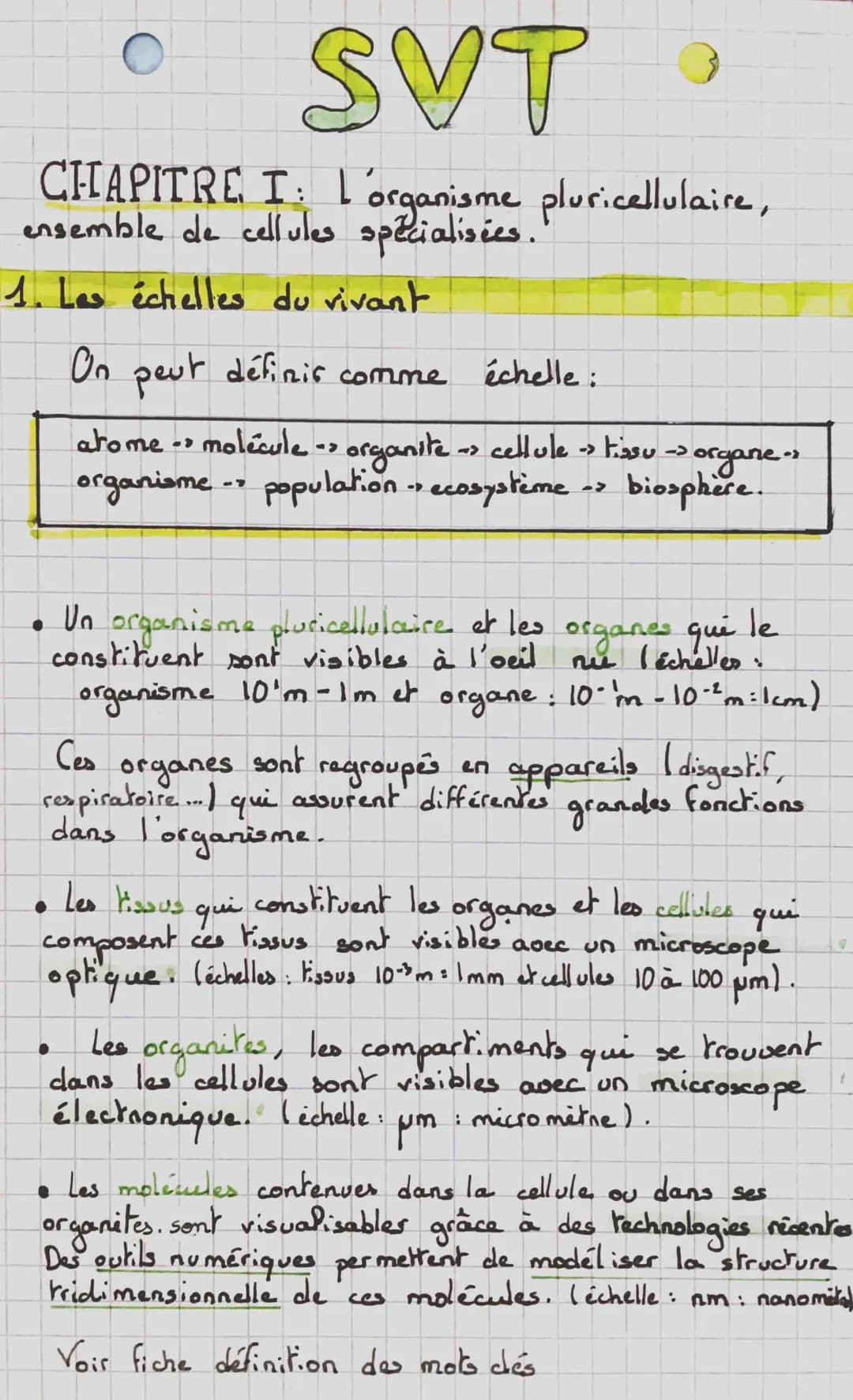SVT.
CHAPITRE I: L'organisme pluricellulaire,
ensemble de cellules spécialisées.
1. Les échelles du vivant
On peut définis comme
atome -> mo