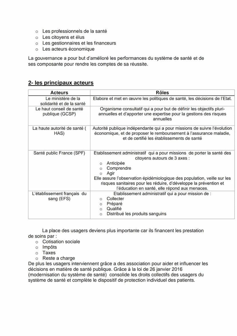Composantes, gouvernances et financement du système de
santé.
1- le système français
Le système de santé est l'ensemble des organisations, d