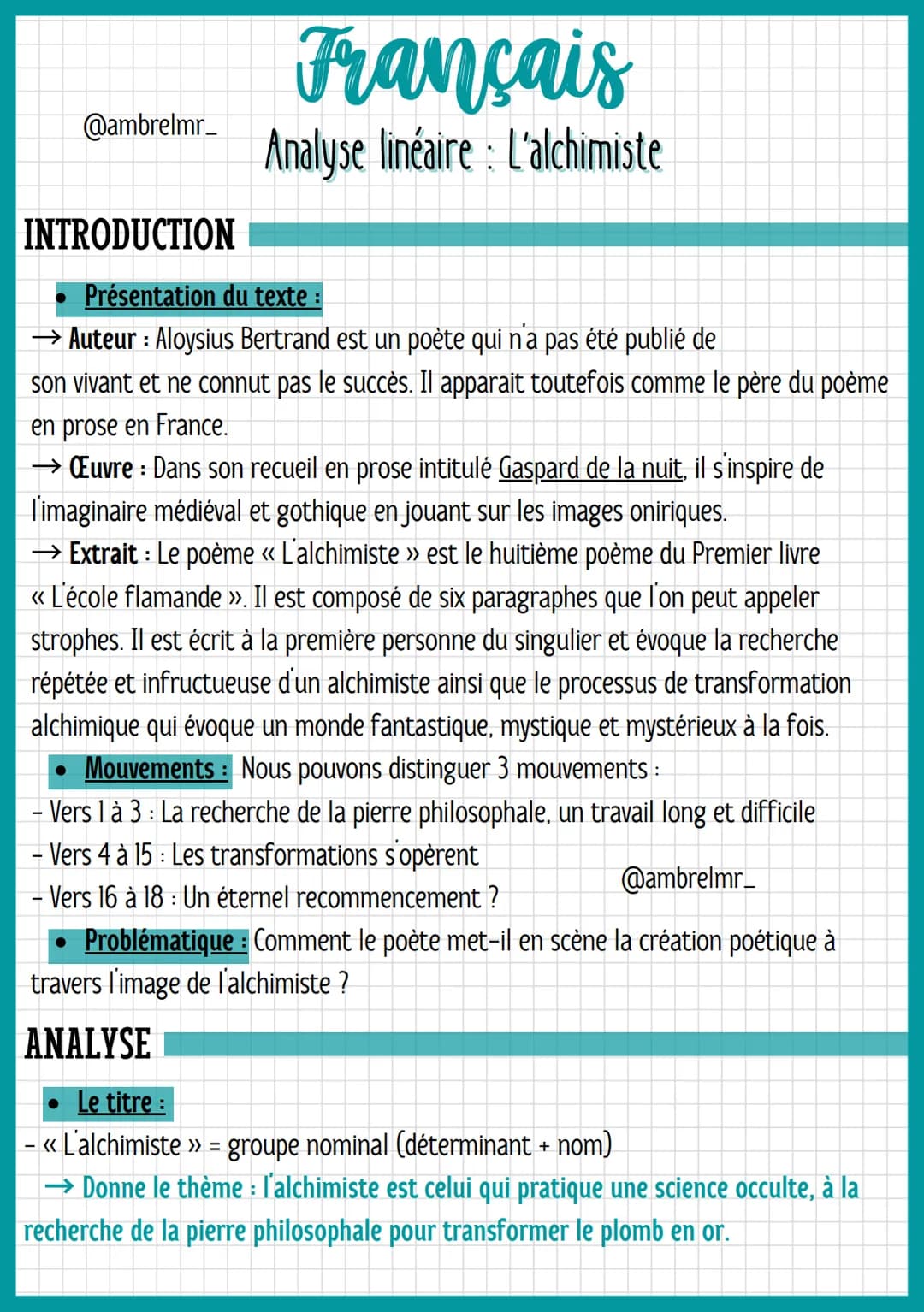 @ambrelmr_
INTRODUCTION
Français
Analyse linéaire : L'alchimiste
Présentation du texte :
→ Auteur : Aloysius Bertrand est un poète qui n'a p