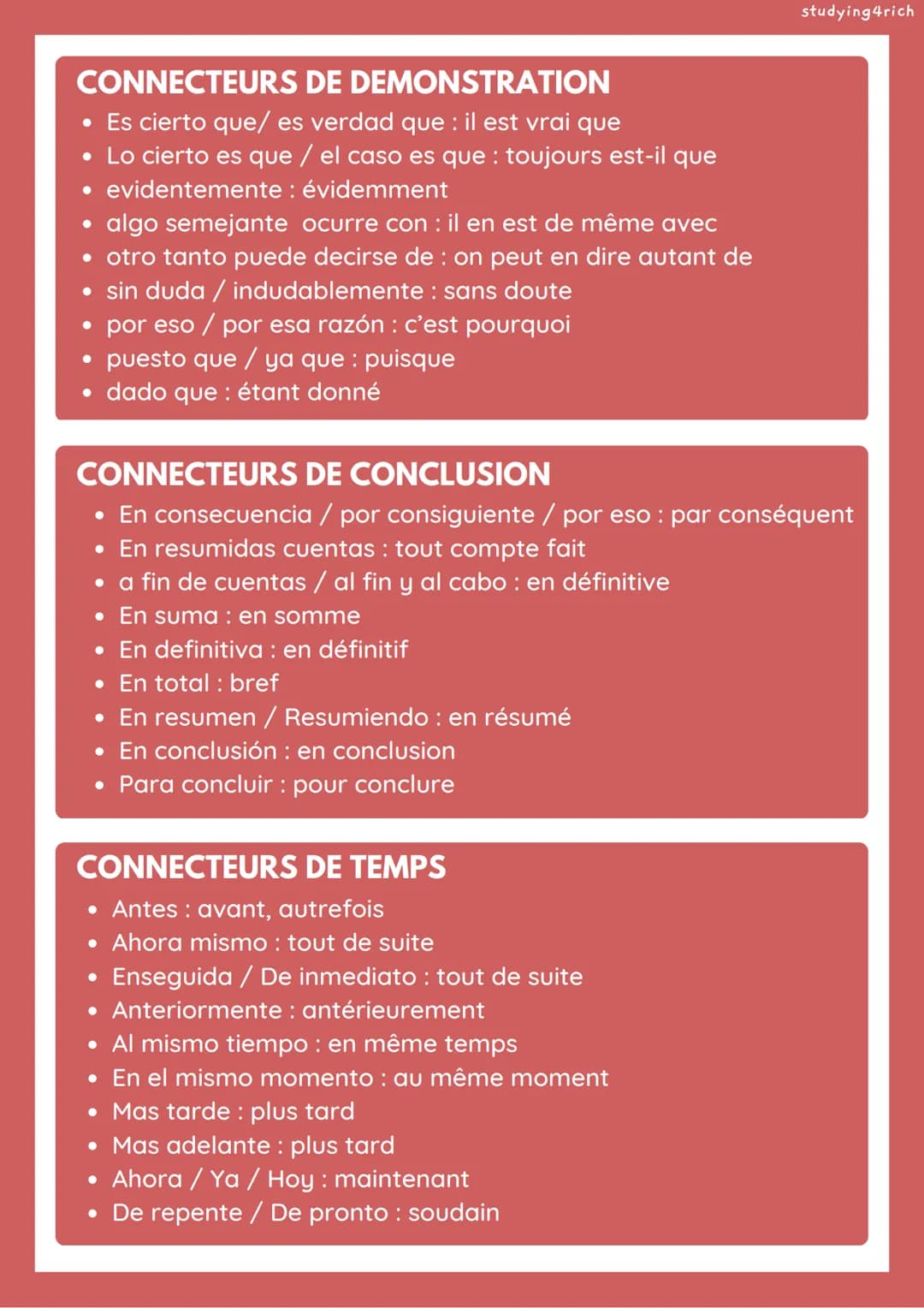 ●
CONNECTEURS D'INTRODUCTION
• en primer lugar : en premier lieu
primero en premier, premièrement
• antes de nada : avant tout
• antes todo 