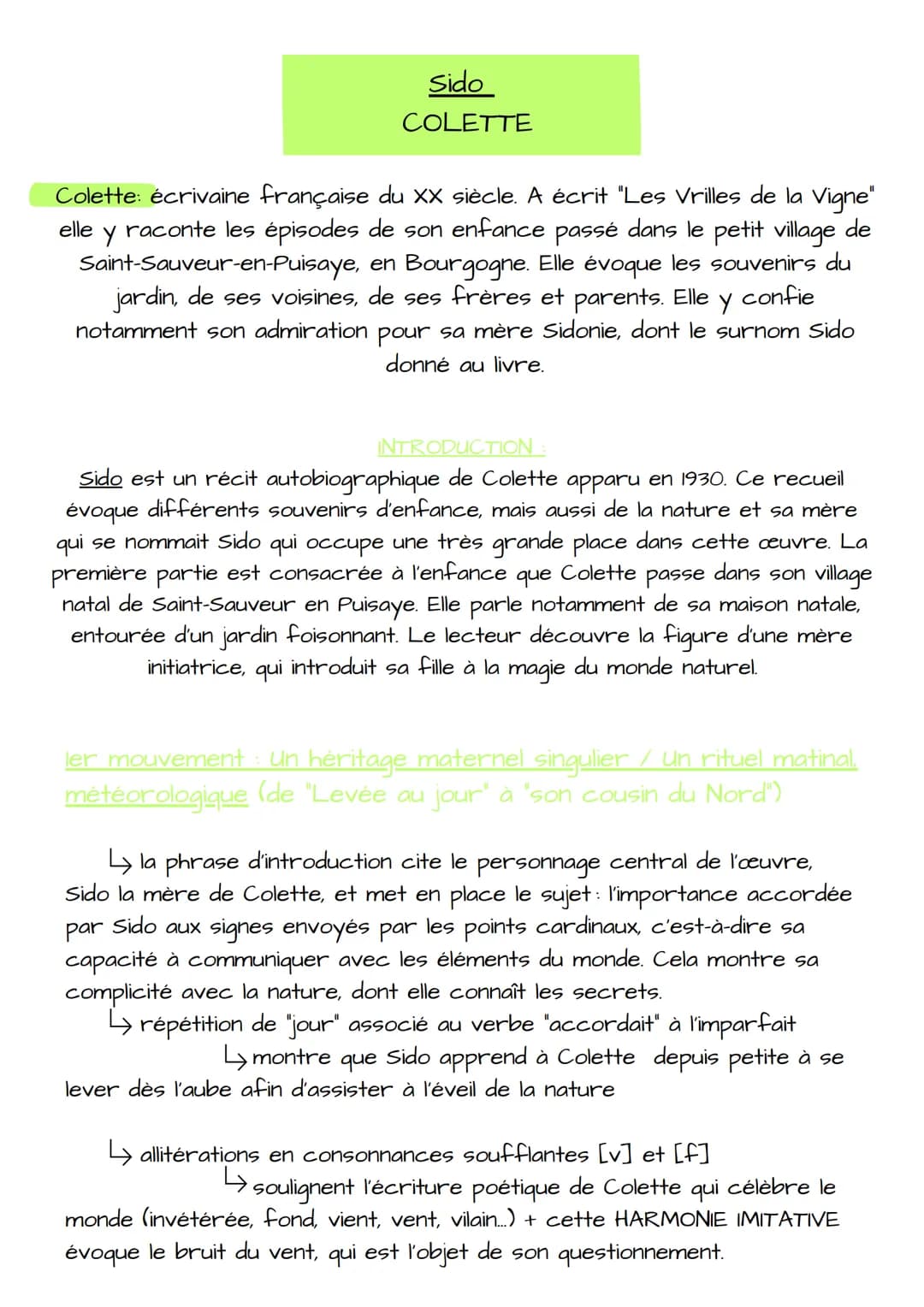 Sido
COLETTE
elle
Y
Colette: écrivaine française du XX siècle. A écrit "Les Vrilles de la Vigne"
raconte les épisodes de son enfance passé d