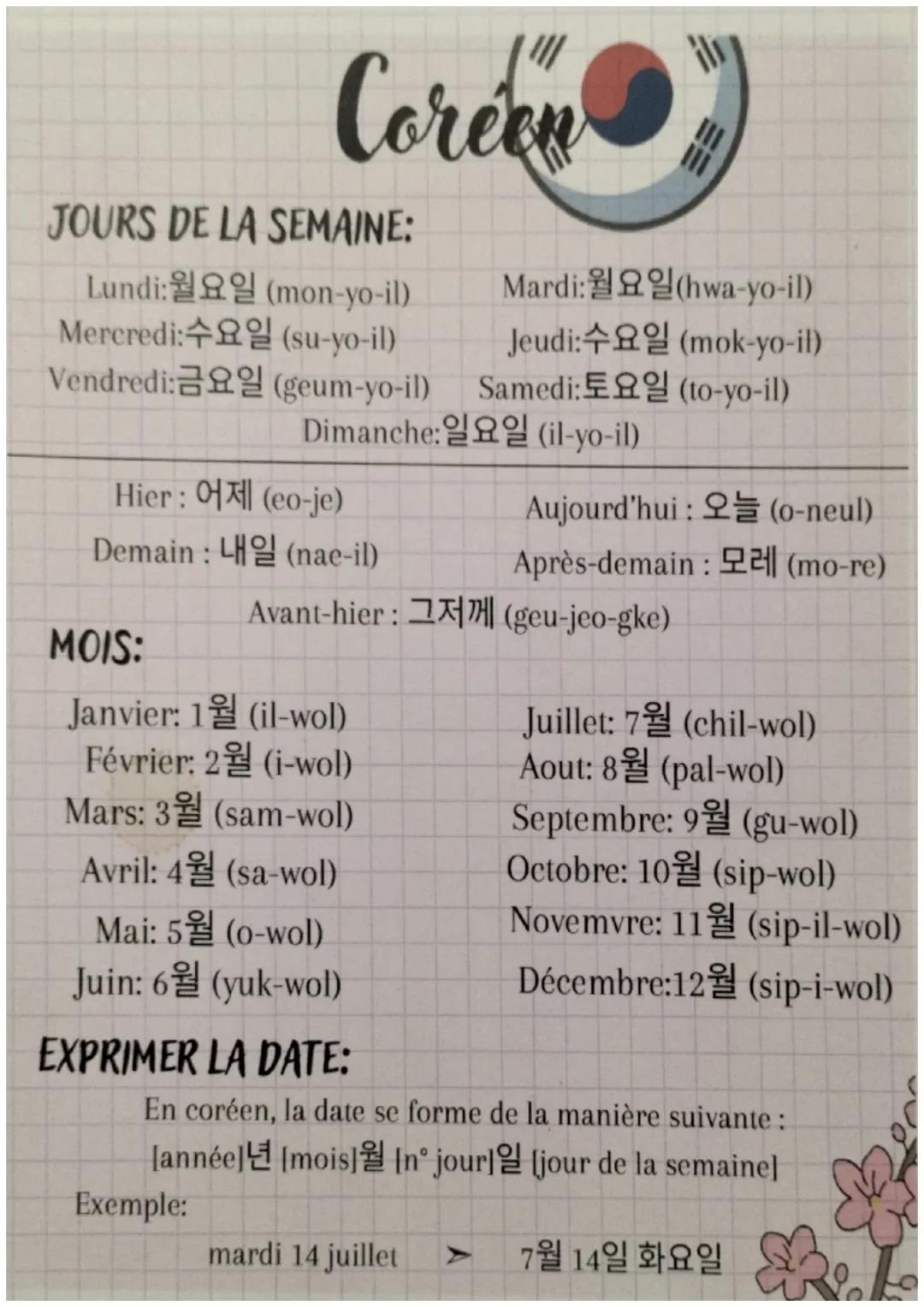 Coreen
JOURS DE LA SEMAINE:
Lundi:
(mon-yo-il)
Mercredi:
(su-yo-il)
Vendredi:
Hier: (eo-je)
Demain: LH (nae-il)
Avant-hier:
Jeudi:
(geum-yo-