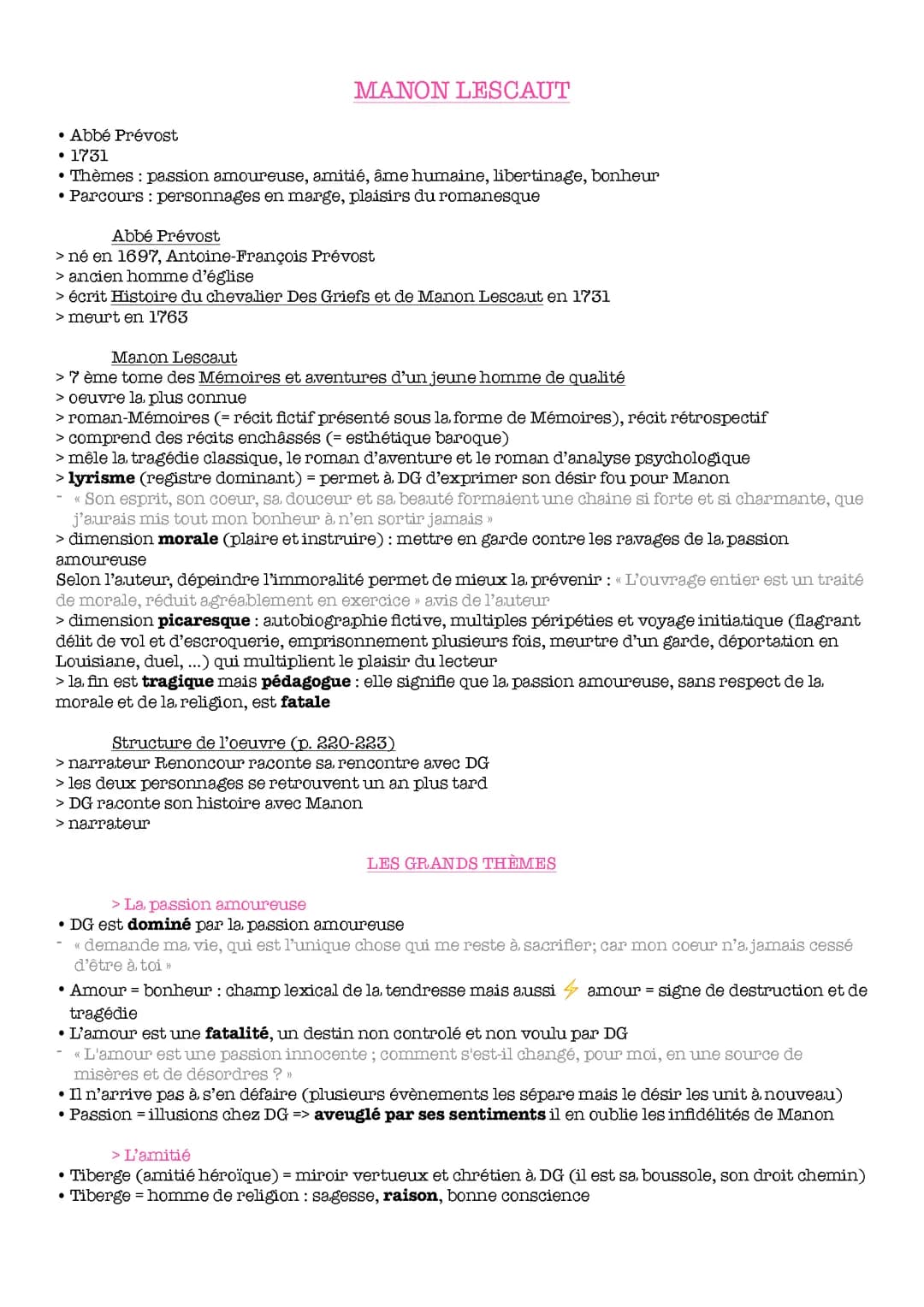 fiche de révision dissertation - Manon Lescaut de l'abbé Prévost 