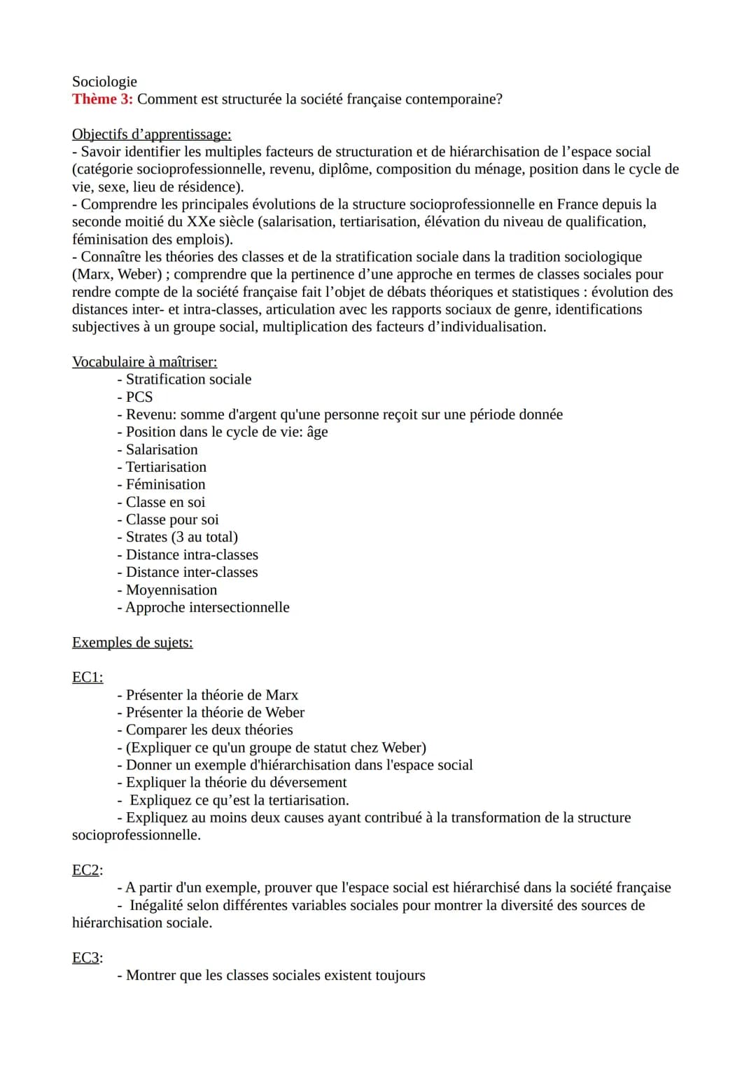 
<p>Le cours de sociologie aborde le thème de l'organisation de la société française contemporaine et ses objectifs d'apprentissage. Ces der