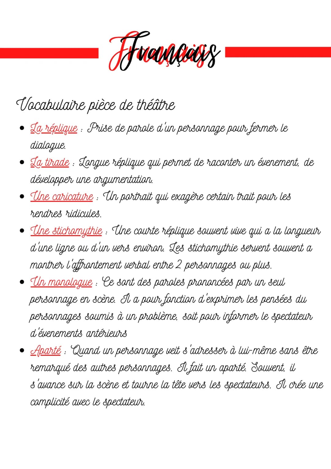 Frampanys
Vocabulaire pièce de théâtre
La réplique: Prise de parole d'un personnage pour fermer le
dialogue.
La tirade: Longue réplique qui 