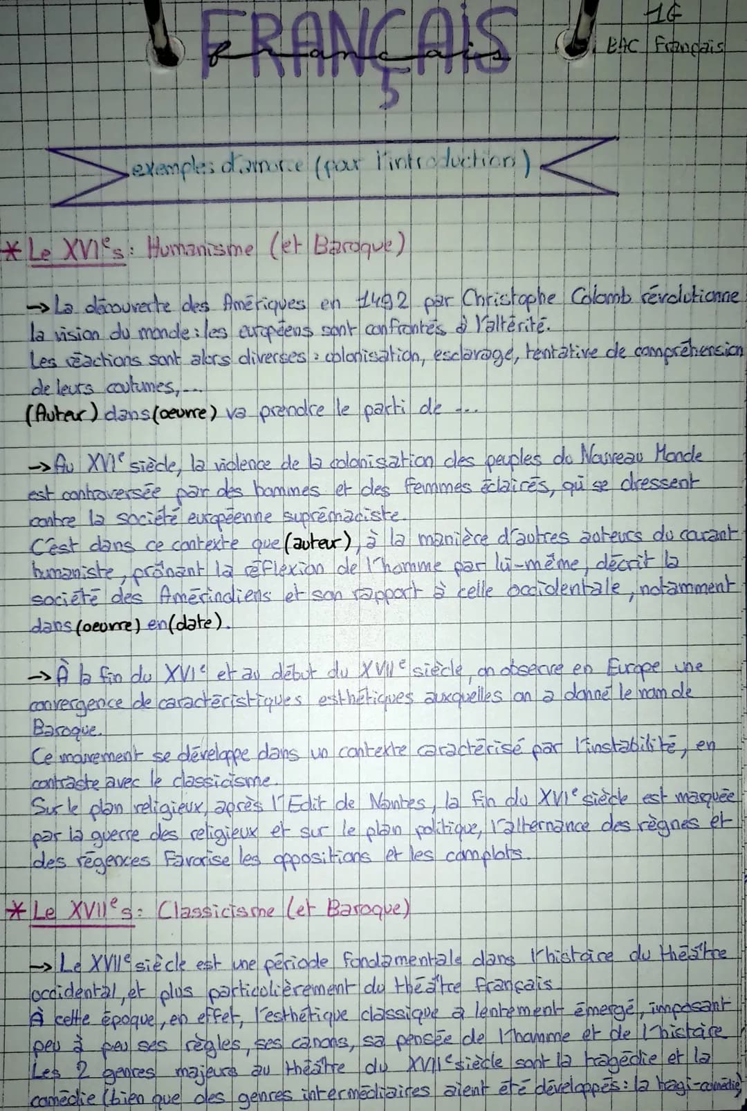 FRANÇAIS
Lexemples d'amorce (pour l'introduction)
HE
BAC Français
M
*Le XVI's: Humanisme (et Baroque)
->La découverte des Amériques en 1492 