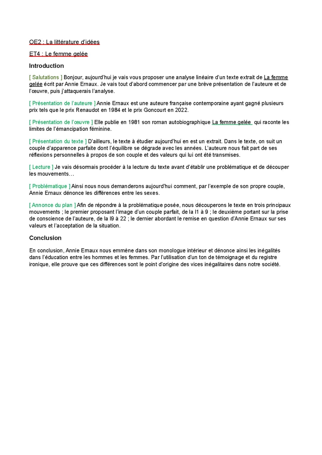  analyse linéaire introduction et conclusion La femme gelée Annie Ernaux bac français 