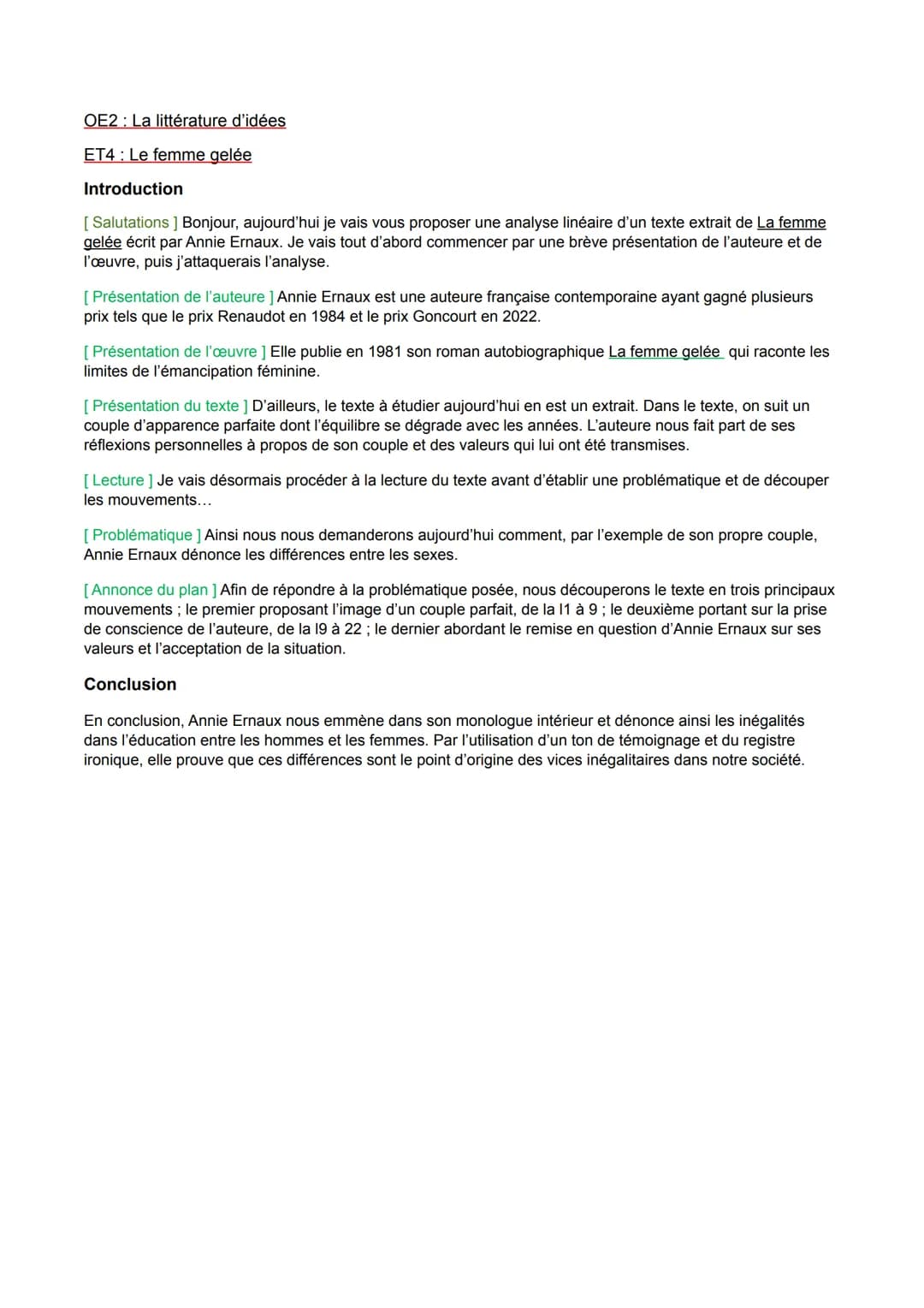 OE2: La littérature d'idées
ET4: Le femme gelée
Introduction
[Salutations] Bonjour, aujourd'hui je vais vous proposer une analyse linéaire d