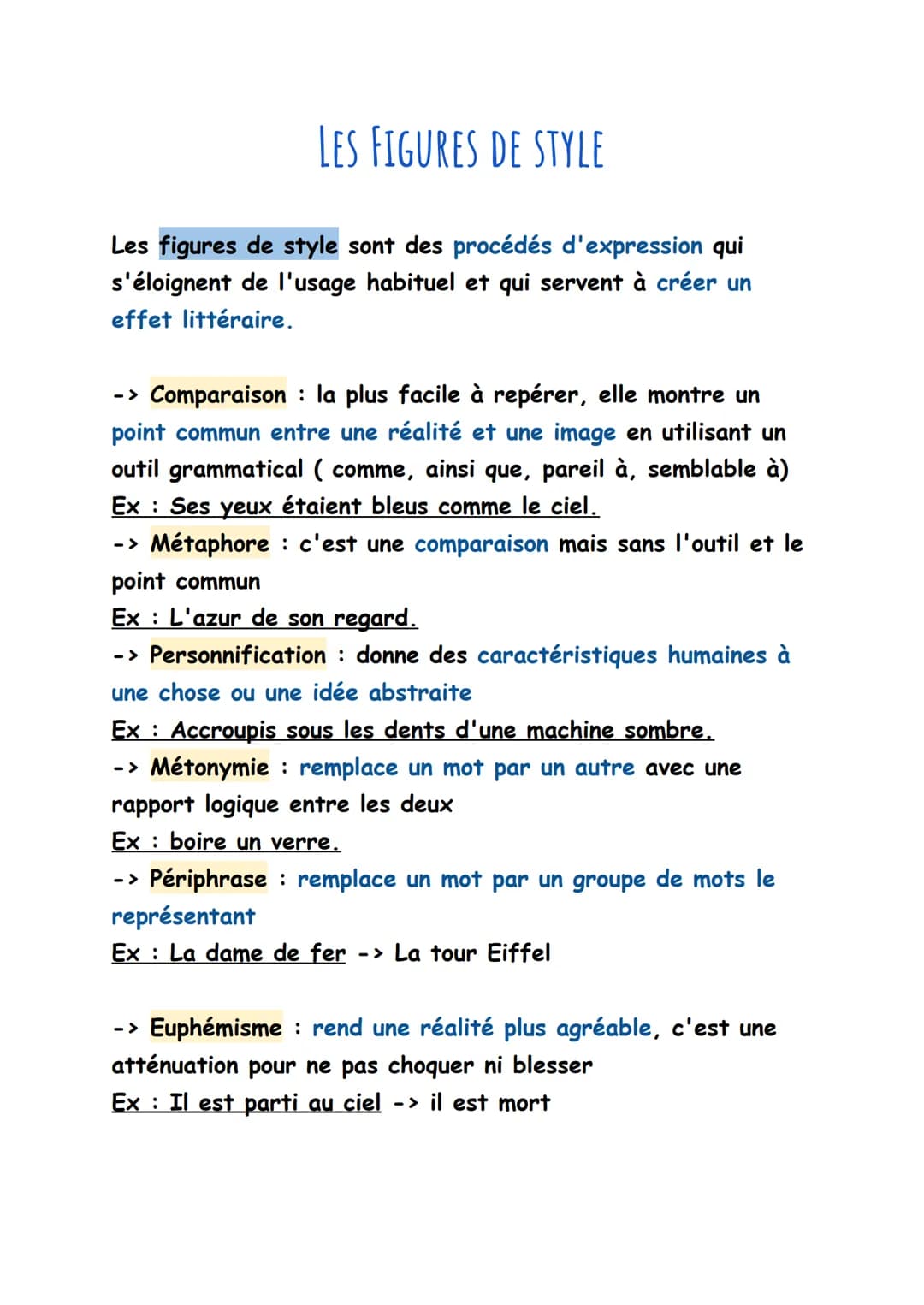 LES FIGURES DE STYLE
Les figures de style sont des procédés d'expression qui
s'éloignent de l'usage habituel et qui servent à créer un
effet