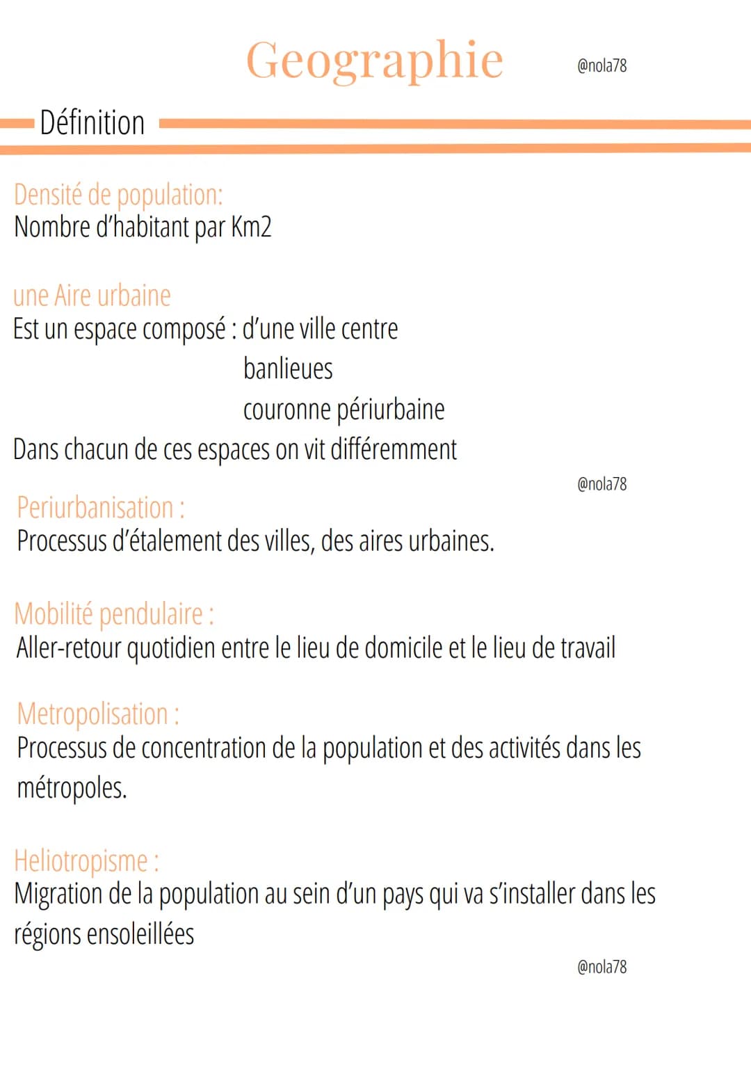 Geographie
Définition
Densité de population:
Nombre d'habitant par km2
une Aire urbaine
Est un espace composé : d'une ville centre
banlieues