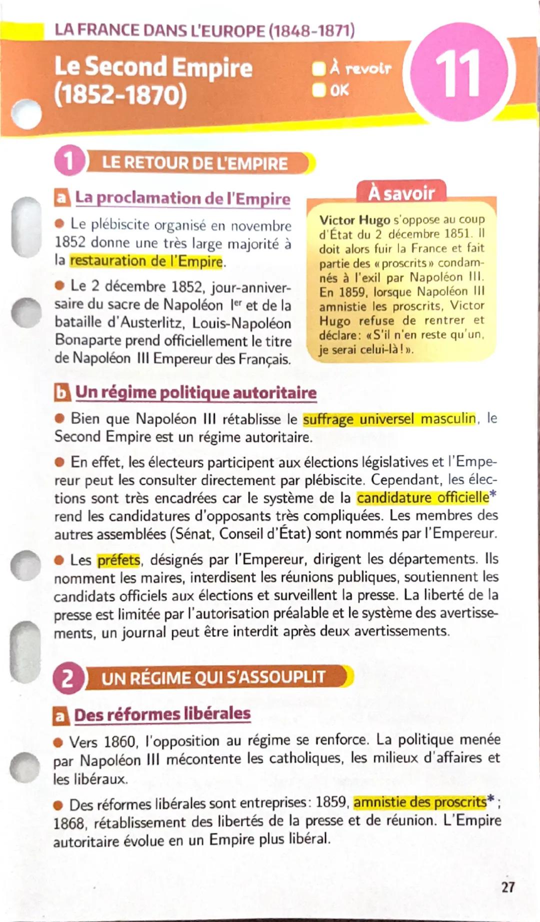 LA FRANCE DANS L'EUROPE (1848-1871)
Le Second Empire
(1852-1870)
1 LE RETOUR DE L'EMPIRE
a La proclamation de l'Empire
• Le plébiscite organ