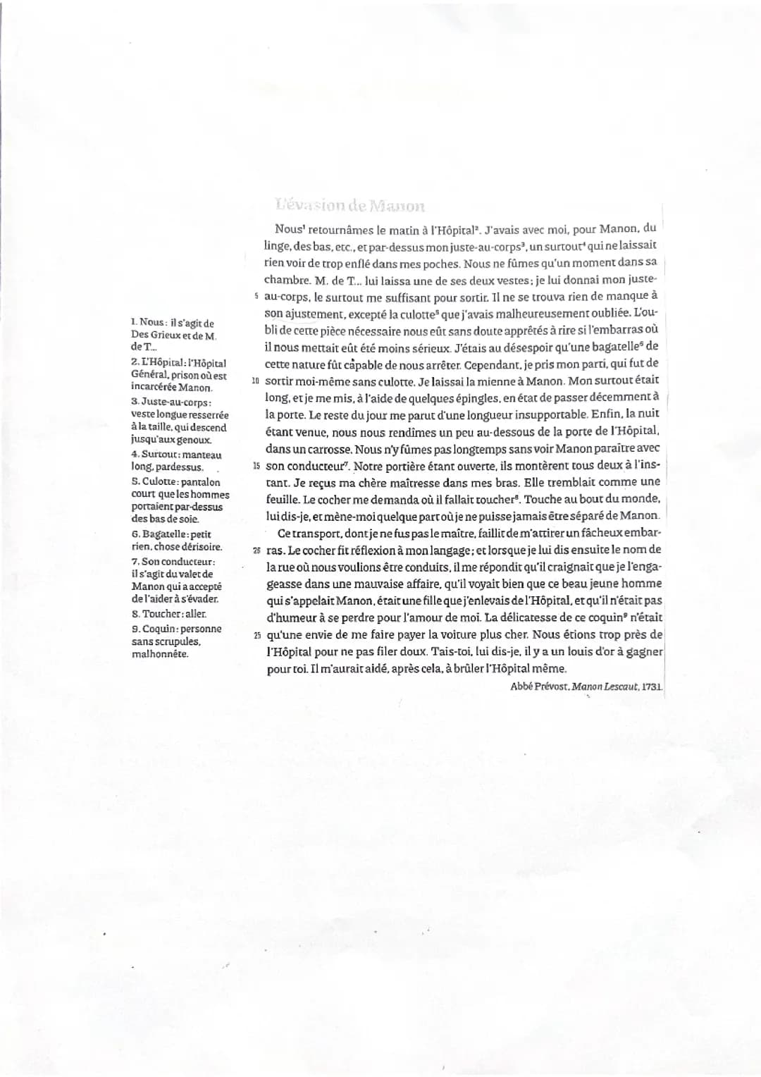 Analyse linéaire L’évasion de Manon de l’abbé Prévost 