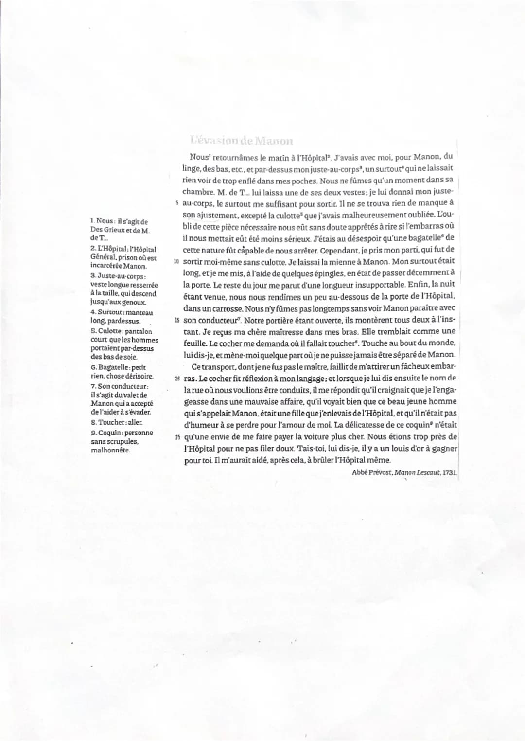 1. Nous: il s'agit de
Des Grieux et de M.
de T...
2. L'Hôpital: l'Hôpital
Général, prison où est
incarcérée Manon.
3. Juste-au-corps:
veste 