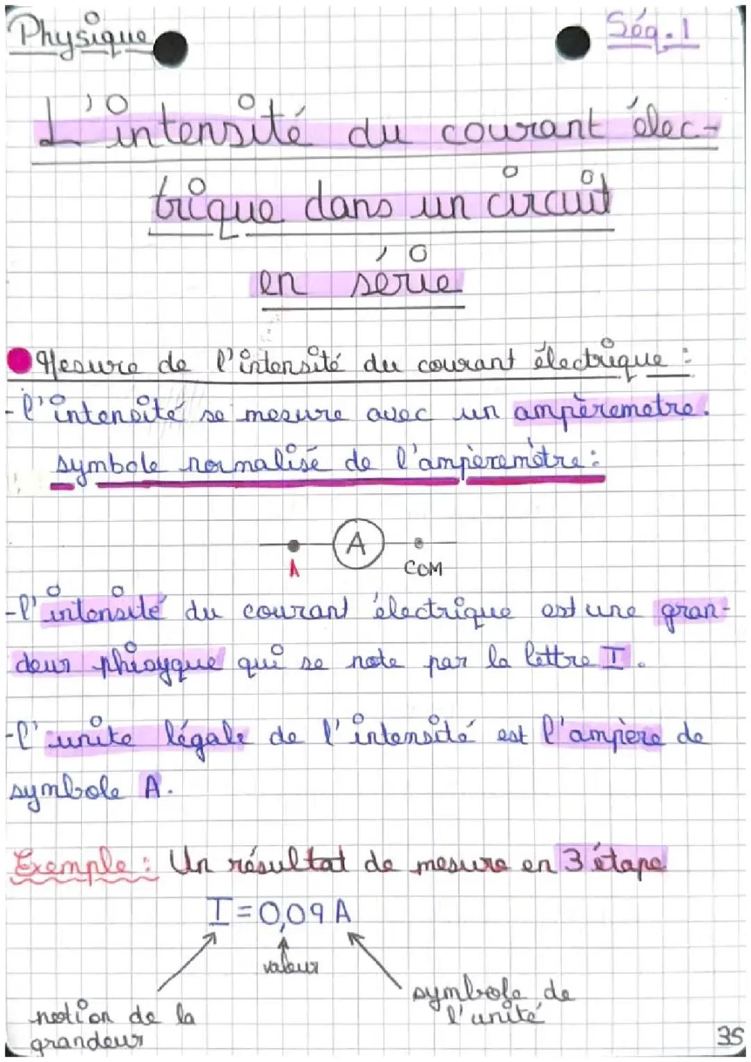 L’intensité du courant électrique dans un circuit en série 4eme  